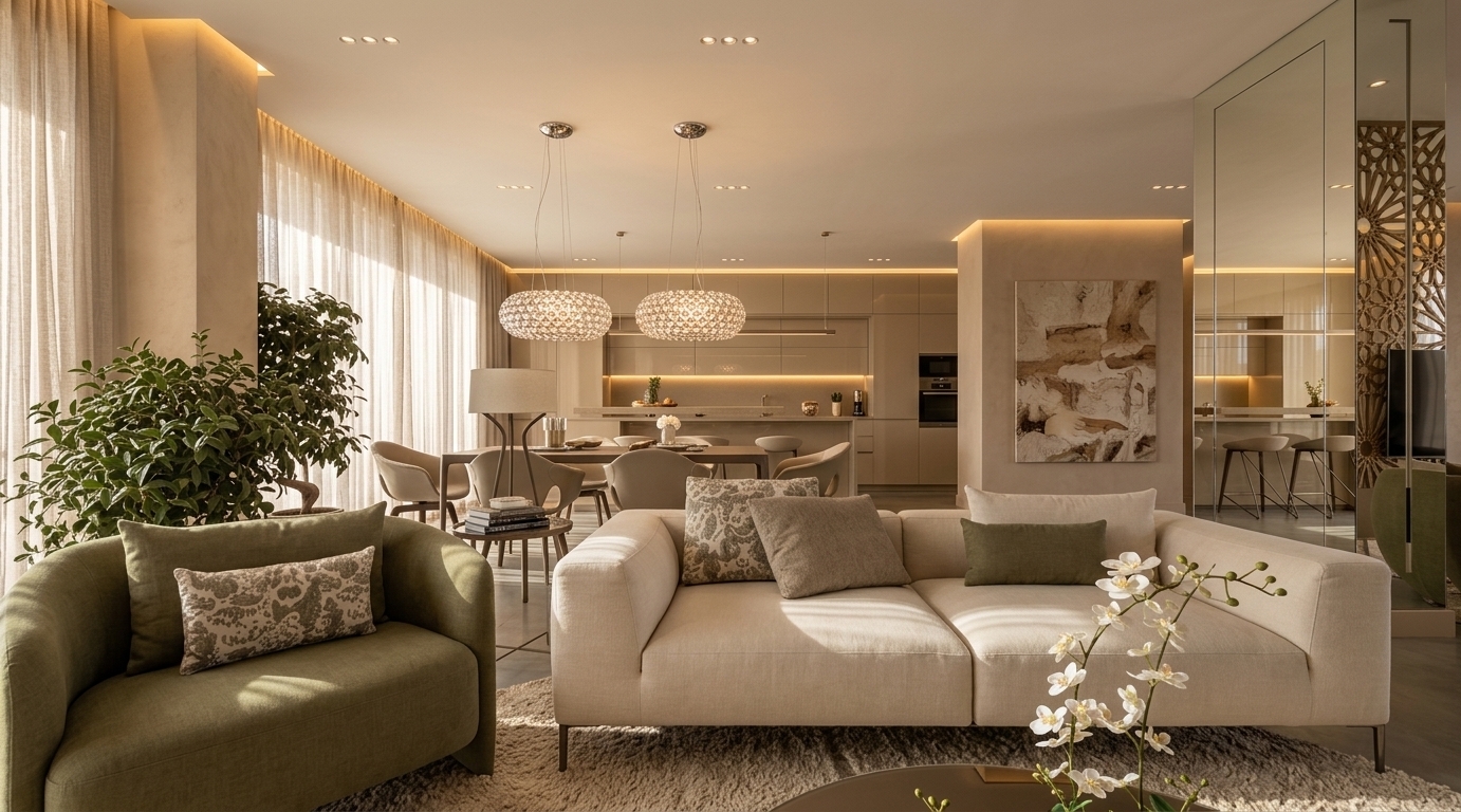 An incredibly lifelike, richly detailed, photorealistic wide-angle interior photo of a luxury open-concept living room set in a secluded desert retreat. The scene is illuminated by sun-drenched midday light filtering softly through sheer floor-to-ceiling drapery and understated cove LEDs, creating a warm, tranquil, and sun-bathed atmosphere. Captured with a professional 24mm architectural lens, emphasizing subtle plaster wall textures, soft linen upholstery, smooth polished flooring, and layered earth-toned neutrals... 

In the foreground, an inviting olive-green armchair with a patterned accent pillow rests beside a plush, cream-colored sectional sofa atop a textured wool area rug. To the side, delicate white blooms bring an organic touch into the refined layout. Beyond the main seating area, a sleek dining table with curved contemporary chairs sits beneath dual spherical, crystal-beaded pendant lights that glitter softly. The background unveils a minimalist kitchen with glossy beige cabinetry, concealed storage, warm under-cabinet backlighting, and integrated stainless steel appliances. An accent column featuring soft adobe plaster serves as a backdrop for abstract desert-inspired canvas art, while a mirrored screen with intricate laser-cut geometric lattice paneling adds depth, reflecting light throughout this impeccably designed, modern sanctuary.