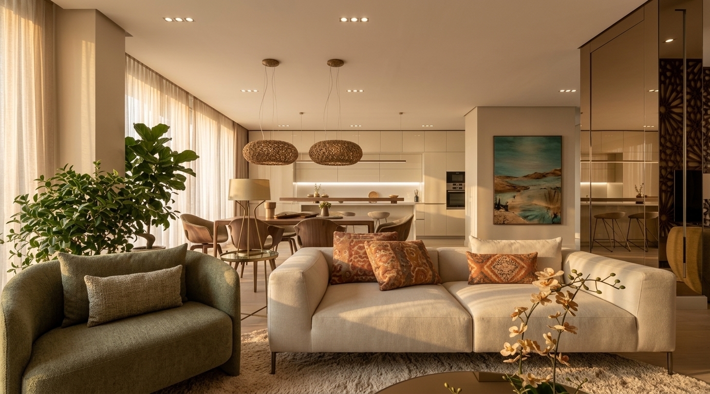 An incredibly lifelike, richly detailed, photorealistic wide-angle interior shot of a luxurious open-plan living room set in a tranquil desert retreat. The scene is illuminated by warm, golden sunrise light filtering softly through floor-to-ceiling sheer curtains, creating a serene, sun-drenched, and earthy atmosphere. Captured with a professional 35mm architectural lens, emphasizing tactile adobe-textured walls, natural linen fabrics, and refined wooden accents. 

In the foreground, a curved, muted olive-green armchair upholstered in textured fabric pairs seamlessly with an expansive, low-profile cream sofa adorned with patterned accent pillows in shades of warm terracotta and ochre. Beneath them lies a thick, plush sand-colored wool rug. To the left, lush indoor plants bring vibrant life into the warm, neutral space. Further back, the open-concept layout flows into an elegant dining area anchored by a sculpted dining table and curved contemporary chairs, shadowed by two dramatic, woven globe pendant lights suspended above the sleek kitchen island. Clean, minimalist kitchen cabinetry in glossy ivory is subtly illuminated by ambient under-cabinet strip lighting. A prominent central structural column displays a large abstract desert landscape painting in muted teals and earth tones, complementing the geometric lattice screens and polished mirrors that reflect the soft sunrise glow across this tranquil, Southwestern-inspired home.
