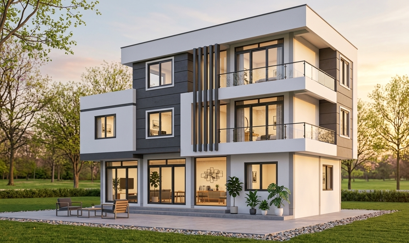 An incredibly lifelike, richly detailed, photorealistic exterior wide-angle shot of a multi-story modern residence set in a tranquil spring landscape. The scene is illuminated by the warm, golden glow of a setting sun, creating a serene and inviting atmosphere. Captured with a 24mm tilt-shift lens, emphasizing the contrast between pristine white stucco, dark charcoal accent cladding, transparent glass balcony balustrades, and sleek metallic vertical louvers. Envisioned as a minimalist haven, the ground floor features expansive sliding glass doors that open seamlessly onto a streamlined outdoor patio outfitted with elegant metal and wooden furniture. Through the polished, reflective glass windows, the uncluttered, functional interior spaces are visible, showcased in a sophisticated monochromatic palette of white, gray, and subtle pastels; clutter-free surfaces display tasteful minimal decor, open photography books, modern abstract wall art, and lush indoor plants, combining simple elegance with Zen-inspired furnishings to complete this modern architectural vision.