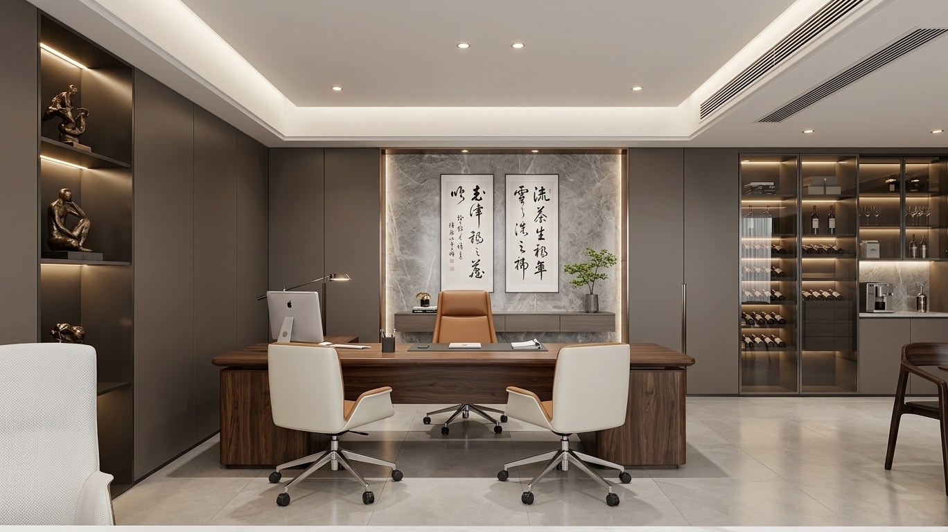 An incredibly lifelike, richly detailed, photorealistic wide-angle interior shot of a luxury executive office suite set in a modern high-end architectural building during a serene spring midday. The scene is illuminated by a subtle blend of concealed ceiling cove lighting, warm recessed LED downlights, and gentle backlighting within display niches, creating a tranquil, high-tech atmosphere. Captured with a 35mm architectural lens, emphasizing rich walnut textures, supple tan leather upholstery, honed gray marble, and crisp glass reflections.

At the heart of the space sits a grand executive desk crafted from deep walnut wood with a sleek, low-profile design. It is paired with an ergonomic high-back executive chair in rich cognac leather behind it, while two contemporary visitor swivel chairs featuring cream-and-tan dual-tone leather upholstery face the desk. Upon the clutter-free desktop, a modern all-in-one computer, an articulated desk lamp, and refined personal accessories sit neatly arranged.

Behind the main desk, a focal feature wall showcases a textured gray marble panel framed by warm metallic trim, adorned with two vertical art panels displaying fluid black ink calligraphy that evokes a Digital Zen aesthetic. Below the artwork, a streamlined floating credenza hosts a delicate indoor potted plant, bringing an element of nature indoors. 

To the left, sophisticated floor-to-ceiling dark taupe wall paneling integrates seamlessly with warmly backlit open shelving, displaying abstract bronze sculptures and curated books. To the right, a custom-designed glass-front wine cabinet with soft interior illumination displays a fine selection of spirits, adjacent to a mini pantry area equipped with floating stone shelves, stemware, and a sleek coffee station. 

The floor consists of large-format matte limestone tiles that reflect soft ambient light, anchoring the room’s uncluttered, balanced composition. Every detail—from the linear ceiling air vents to the smooth grain of the cabinetry—conveys an atmosphere of quiet luxury, smart functionality, and modern elegance.
