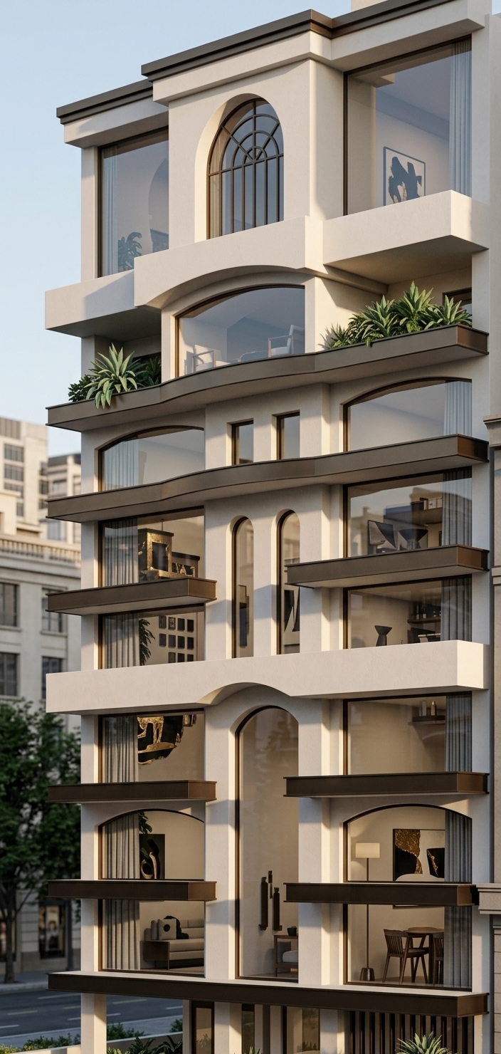 An incredibly lifelike, richly detailed, photorealistic low-angle exterior architectural photo of a luxury modern-fusion residential building set in an upscale urban environment. The scene is illuminated by soft, warm late-afternoon sunlight casting dramatic geometric shadows across the facade, creating a sophisticated and inviting atmosphere. Captured with a professional tilt-shift lens, emphasizing the smooth off-white plaster, dark metallic trim, and crystal-clear floor-to-ceiling glass panels, the building effortlessly combines sleek contemporary lines with classical arched window motifs. Through the expansive glass, glimpses of open-concept interiors reveal stylish dining areas outfitted with rich wooden furniture, minimal yet impactful decor, and bold abstract wall art in a refined palette of black, white, and subtle metallic accents. Balconies adorned with dark bronze rims host lush, vibrant green foliage that adds a refreshing organic contrast against the dynamic, modular structure, while clear reflections on the windows subtly capture the surrounding city context.