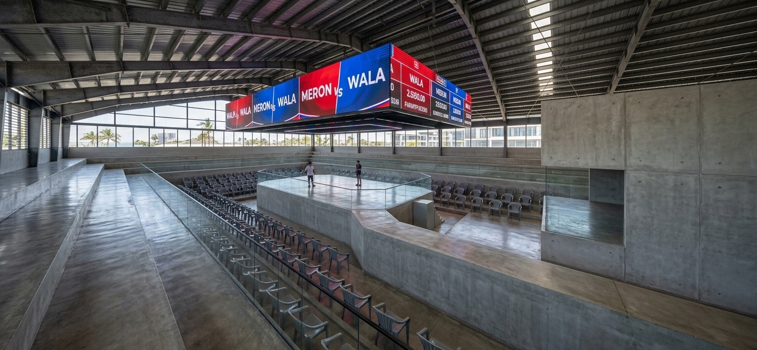 An incredibly lifelike, richly detailed, photorealistic wide-angle interior photo of a multi-purpose arena venue set in a modern coastal facility. The scene is illuminated by crisp midday spring sunlight filtering through upper louvers alongside the intense luminescent glow of the central electronic scoreboard, creating a high-energy, clear atmosphere. Captured with a professional wide-angle architectural lens, emphasizing the rugged textures of the exposed industrial steel frame roof, smooth polished concrete flooring, transparent clear glass balustrades, and sleek neutral-toned plastic seating arranged in neat tiers. At the focal point, an elevated octagonal platform stands ready with human figures positioned beneath a suspended, four-sided lighted LED screen displaying vibrant red and blue match graphics, casting realistic reflections across the cool gray surfaces and completing this spacious, modern interior design.