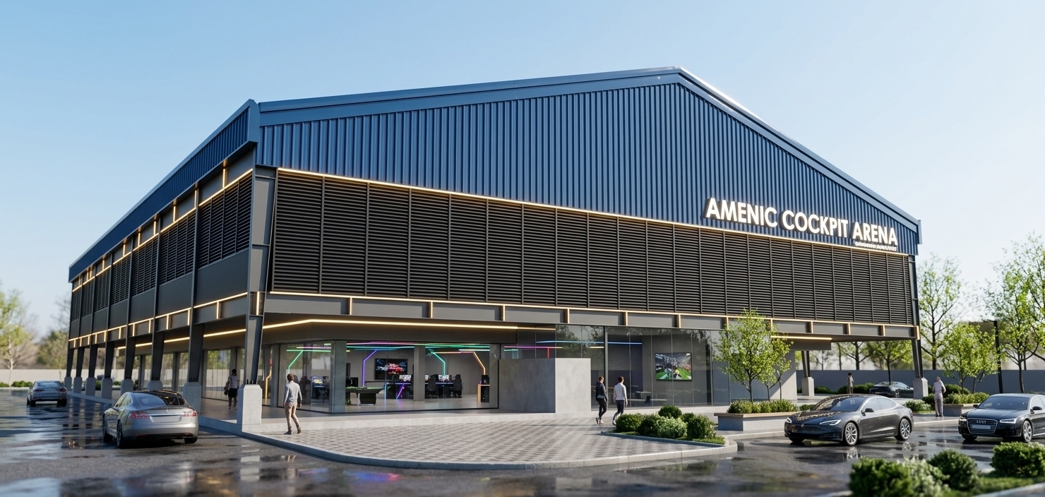 An incredibly lifelike, richly detailed, photorealistic wide-angle exterior architectural shot of the modern "AMENIC COCKPIT ARENA" set in a landscaped urban setting during early spring. The scene is illuminated by bright midday sunlight paired with the warm backlit glow of the illuminated white signage and integrated lighting fixtures, creating a crisp, sleek, and high-tech atmosphere. Captured with a professional tilt-shift lens, emphasizing the glossy finish of the deep blue corrugated roof, the dark matte horizontal louvers, and the robust industrial steel frame structure grounded on smooth concrete footings. At ground level, clear glass elements hint at a spacious interior featuring polished concrete flooring designed as a high-performance gaming haven. Outside, sleek modern cars glisten along a wet asphalt road reflecting the clear sky, while casual pedestrians walk along the paved walkways, bringing vibrant context and life to this modern arena facade.