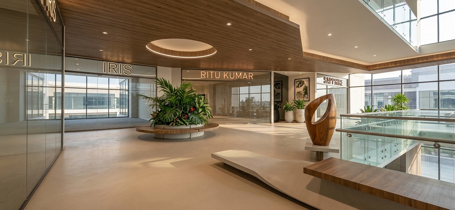 A crisp architectural photograph of a modern multi-level commercial atrium, maintaining the exact layout, geometry, and composition of the scene. The expansive floor is finished in a seamless, light beige-toned vinyl with a soft satin finish that gently catches ambient reflections and displays natural, subtle surface micro-textures. Bright natural daylight streams through the large floor-to-ceiling glass windows, creating realistic light fill and soft contact shadows beneath the central circular bench and planter. The lush tropical foliage in the central planter features deep green, glossy leaves with natural translucency. The dark wood-clad ceiling paneling showcases detailed timber grain and subtle tonal variations around the circular cutout feature. The storefronts for IRIS, RITU KUMAR, and SAPPHIRE feature polished glass framing with soft inner illumination and clean back-lit lettering. The organic wooden sculpture displays fine natural grain patterns resting on its sleek pedestal, while the glass railings on the upper level showcase clear reflections and crisp metal hardware. Captured with a wide-angle architectural lens, ultra-sharp focus throughout, natural daylight color temperature, gentle lens vignetting, and realistic material physics on every surface.