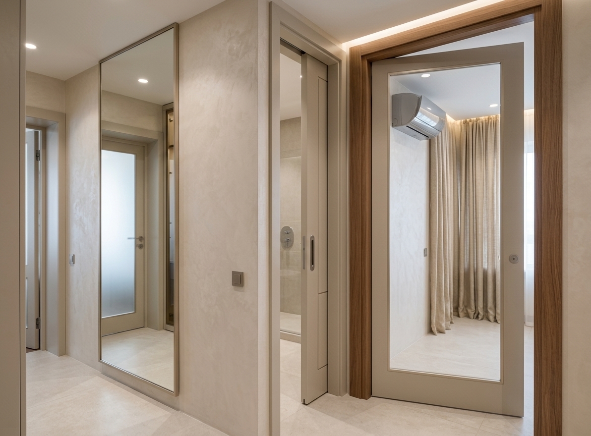 An incredibly lifelike, richly detailed, photorealistic eye-level interior photo of a bright modern hallway and mudroom set in a luxury contemporary apartment. The scene is illuminated by soft, recessed ceiling lighting paired with delicate ambient ambient light filtering from adjacent rooms, creating a calm atmosphere of contemporary elegance. Captured with a 28mm wide-angle architectural lens, emphasizing tactile wall textures, elegant glass reflections, and clean geometric lines. The surrounding walls are dressed in a refined, light beige decorative plaster with a subtle velvety texture that gently catches the light. On the left, a tall, full-length mirror is mounted flush against the wall, clearly reflecting a stylish built-in wardrobe closet from the entryway area. Further down the corridor, a sleek pocket sliding door glides effortlessly into the wall cavity leading to the bathroom, positioned next to a classic swing door opening into the bedroom; both doors feature smooth, high-end frosted glass inserts that softly diffuse light while offering elegant privacy. Neutral light flooring and minimalist metal trim complete this perfectly proportioned, warm minimalist interior space.