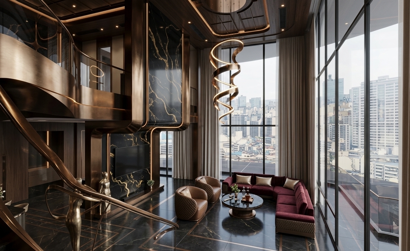 An incredibly lifelike, richly detailed, photorealistic wide-angle interior shot of a double-height Art Deco glamour penthouse living room set in a bustling urban metropolis high-rise. The scene is illuminated by soft, natural daylight filtering through expansive floor-to-ceiling curtain walls paired with warm ambient recessed lighting, creating an opulent, moody, and sophisticated atmosphere. Captured with a professional 24mm architectural lens, emphasizing the crisp 8K detail, polished reflections on the 900mm x 900mm deep charcoal marble floor tiles, and rich tactile textures throughout. 

A dramatic, sweeping organic staircase with bronze-finished handrails gracefully curves down into the grand open-plan space, while a magnificent helical metallic chandelier cascades down from a dark, coffered ceiling tray. The focal feature wall showcases stunning gold-veined liquid black marble paneling framing a flush-mounted television above a sleek hearth. In the main lounge area, a plush, champagne-toned sectional adorned with rich burgundy velvet throw pillows sits opposite two quilted, low-profile armchairs arranged around a round black marble coffee table. The glossy 900mm x 900mm floor tiles mirror the soft indoor glow and the sprawling city skyline outside, adding incredible visual depth, photorealistic clarity, and seamless luxury to this magnificent architectural masterpiece.