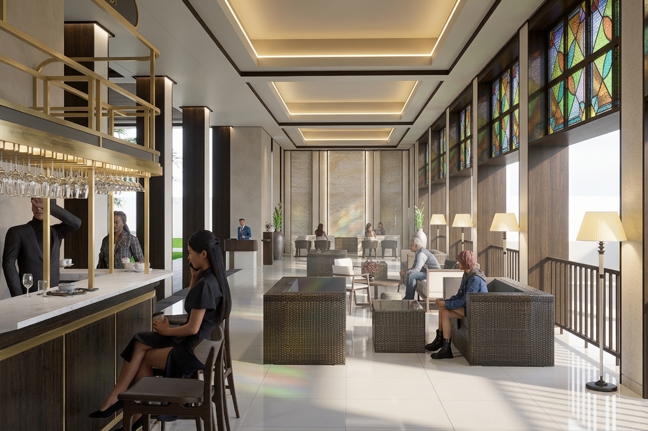 Architectural interior photograph of a spacious luxury hotel lobby and bar during a clear spring midday, captured with a wide-angle tilt-shift lens maintaining the exact perspective, framing, and spatial layout of the scene. Crisp, neutral spring daylight floods the expansive room through tall windows, casting realistic, soft-edged specular reflections across the polished light ceramic floor tiles while warm, recessed ceiling light troughs and ambient floor lamps create a balanced dual-temperature lighting environment. The brushed brass hanging racks above the white marble bar counter display subtle metallic micro-textures and realistic glints, holding inverted glass stemware that refracts light naturally. Dark mahogany wood paneling on the structural columns exhibits rich vertical grain, complemented by stained glass transom panels casting subtle colored light nuances onto adjacent surfaces. The patrons and staff feature natural skin textures and authentic clothing fabric folds, while the dark brown woven wicker armchairs showcase realistic surface depth, culminating in a photograph with subtle lens vignetting, fine digital grain, and authentic optical depth.