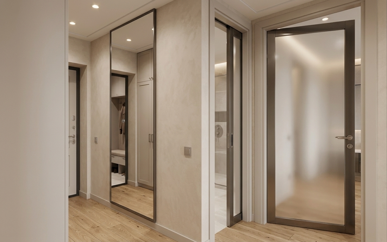 An incredibly lifelike, richly detailed, photorealistic interior wide-angle shot of a bright modern fusion hallway set in a contemporary residential apartment. The scene is illuminated by soft, warm recessed ceiling spotlights and subtle ambient lighting, creating a serene, welcoming atmosphere. Captured with a 24mm prime architectural lens, emphasizing the velvety, tactile finish of light beige decorative plaster walls and the elegant, natural grain of real oak parquet flooring running beneath. On the left wall, a tall, minimalist floor-to-ceiling mirror cleanly reflects a refined built-in wardrobe, while a sleek entrance door frames the mudroom area at the far end of the passage. To the right, a modern sliding pocket door with satin frosted glass leads into a sleek bathroom, standing alongside a matching interior bedroom door featuring identical translucent glass panels, with soft highlights, lifelike glass translucency, and precise contact shadows enhancing the deep spatial composition of the space.