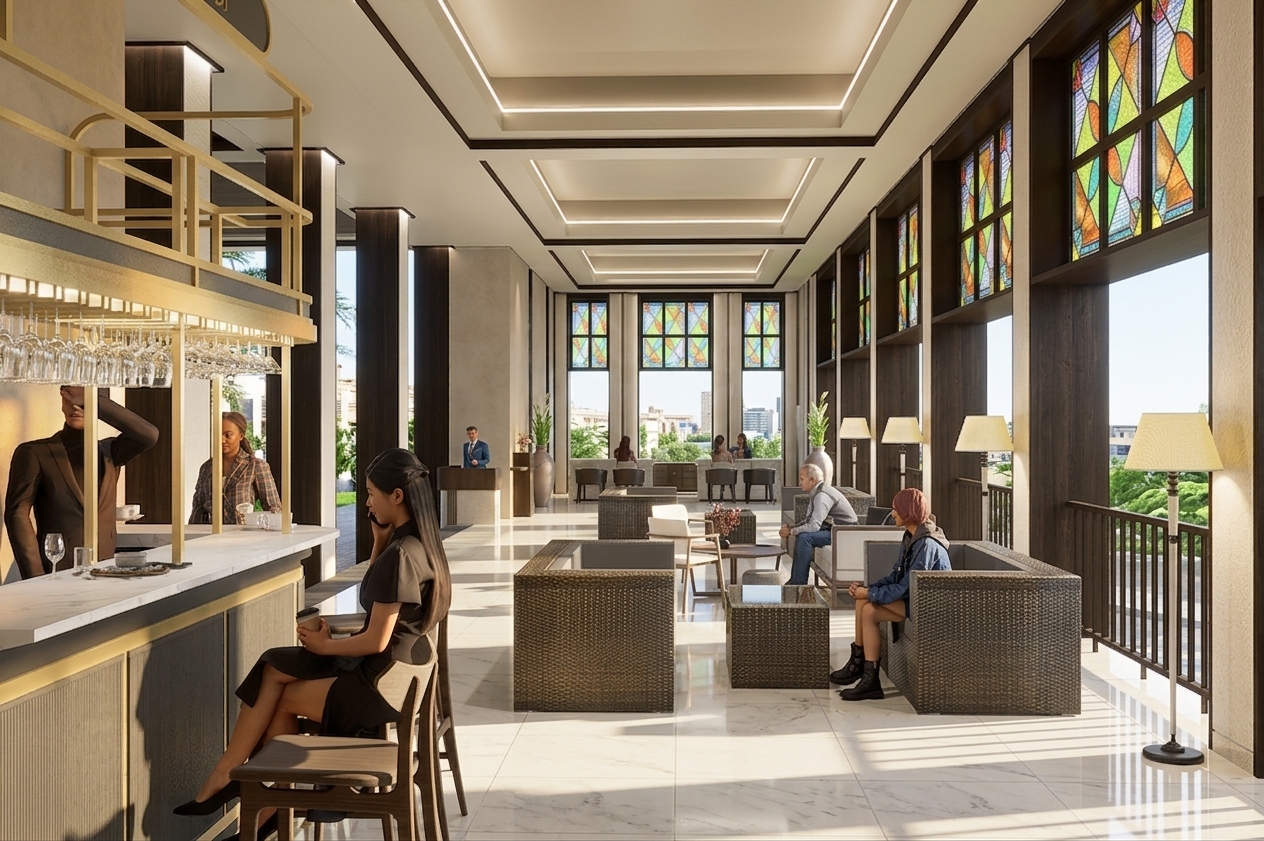 A professional architectural photograph of the expansive hotel lounge interior captured on a bright summer midday, maintaining the exact wide-angle perspective, spatial layout, and composition. Bright, direct sun filters through the floor-to-ceiling glass, casting soft-edged high-noon shadows across the highly polished porcelain floor tiles, which show light surface scuffs and clear, slightly distorted reflections. Warm interior light from recessed ceiling light trays and floor lamps balances the cool daylight streaming in from the outdoors, creating a harmonious color temperature mix. The brass accents on the bar display realistic metallic reflections and subtle fingerprints, while the hanging crystal stemware refracts light naturally with delicate rim highlights. The dark woven rattan armchairs present crisp surface textures and subtle wear on the cushion fabrics, while the dark wood columns show natural, imperfect timber grain. Stained-glass window transoms project subtle color variations onto the adjacent frame structures. The people present exhibit lifelike skin detail, soft realistic shadows beneath their forms, and authentic clothing weaves. Shot with a full-frame sensor at f/8, the image features refined micro-contrast, extremely subtle chromatic aberration near high-contrast edges, faint dust motes dancing in the sunbeams, and a soft vignetting at the extreme corners.