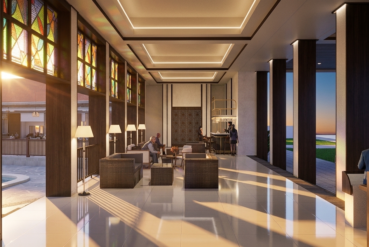 A professional photograph capturing the expansive luxury resort lobby during a warm spring sunset, retaining the exact geometry, structural layout, column arrangement, and camera perspective of the original scene. Low-angled golden-hour sunlight streams horizontally through the open-air arcade on the left, casting long, sweeping warm amber shadows and soft light streaks across the glossy, light-colored floor tiles. The stained-glass transom panels glow intensely, projecting soft, colorful caustic patches of emerald, sapphire, and amber onto the dark mahogany pillars and ceiling trim. Recessed interior ceiling coves and floor lamps emit a gentle, warm tungsten glow, beautifully balancing the rich directional dusk light from outside. Physical surfaces display authentic material realism, featuring specular reflections with faint micro-scratches and subtle smudges on the polished tile floor, tactile wood grain textures on the dark structural posts, and rich depth within the dark woven wicker seating. Gentle atmospheric haze makes the warm sunbeams softly visible, while photographic imperfections—faint edge vignetting, delicate natural film grain, realistic exposure balancing, and subtle chromatic aberration along the high-contrast architectural edges—give the scene the tangible quality of a real-world photograph.