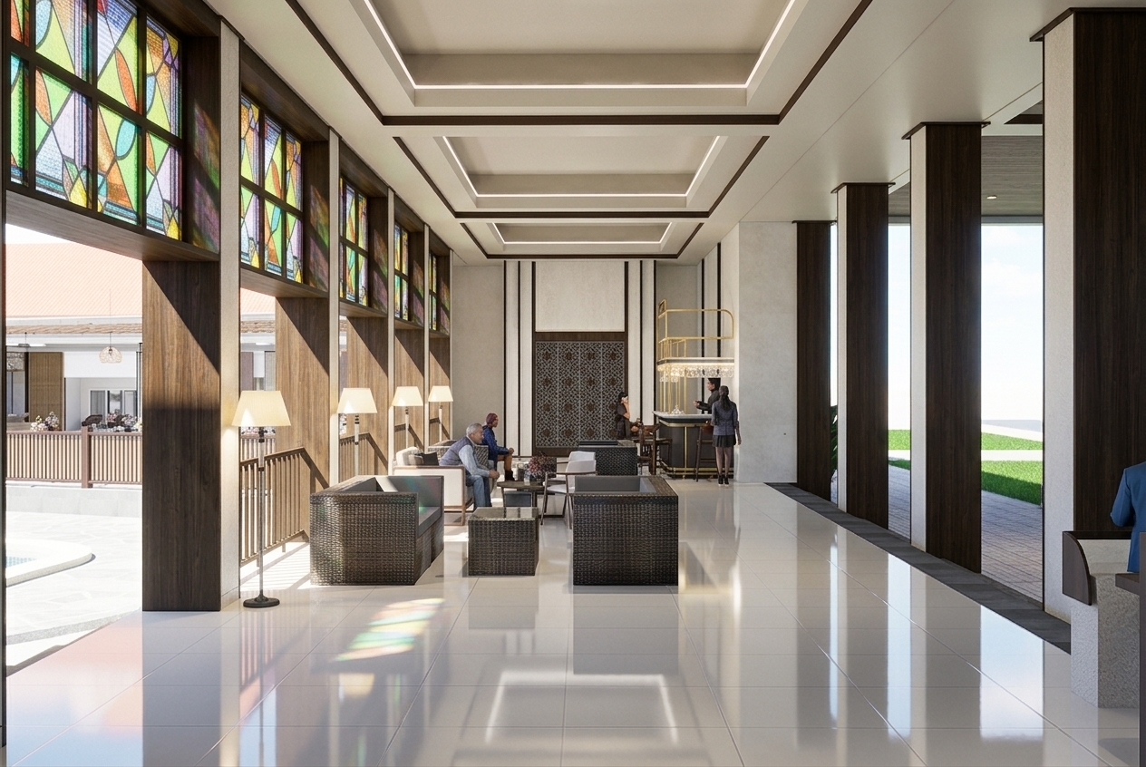 A professional architectural photograph of the expansive resort lobby captured during bright spring midday, maintaining the exact geometry, perspective, layout, and composition of the original scene. Crisp 5500K daylight floods in from the open right colonnade and left courtyard, creating bright highlights and soft natural reflections across the high-gloss porcelain floor tiles, revealing subtle surface micro-scratches and realistic specular highlights. The dark wood-clad pillars show natural grain variations and a slight satin sheen under the mixed lighting conditions. Intricate stained-glass transom panels along the left wall cast delicate, colorful geometric refractions across the adjacent wood frames and ceiling soffits. Warm 3000K light glows softly from the tall floor lamps and recessed ceiling coves, providing a balanced, ambient contrast to the crisp outdoor illumination. The dark woven wicker furniture features rich micro-textures, authentic weave irregularities, and soft contact shadows resting realistically on the tile floor. Captured on a professional full-frame camera using a wide tilt-shift lens, the final image exhibits natural optical depth, faint chromatic dispersion around high-contrast edges, subtle vignetting, and a gentle film grain that transforms the render into a real photograph.