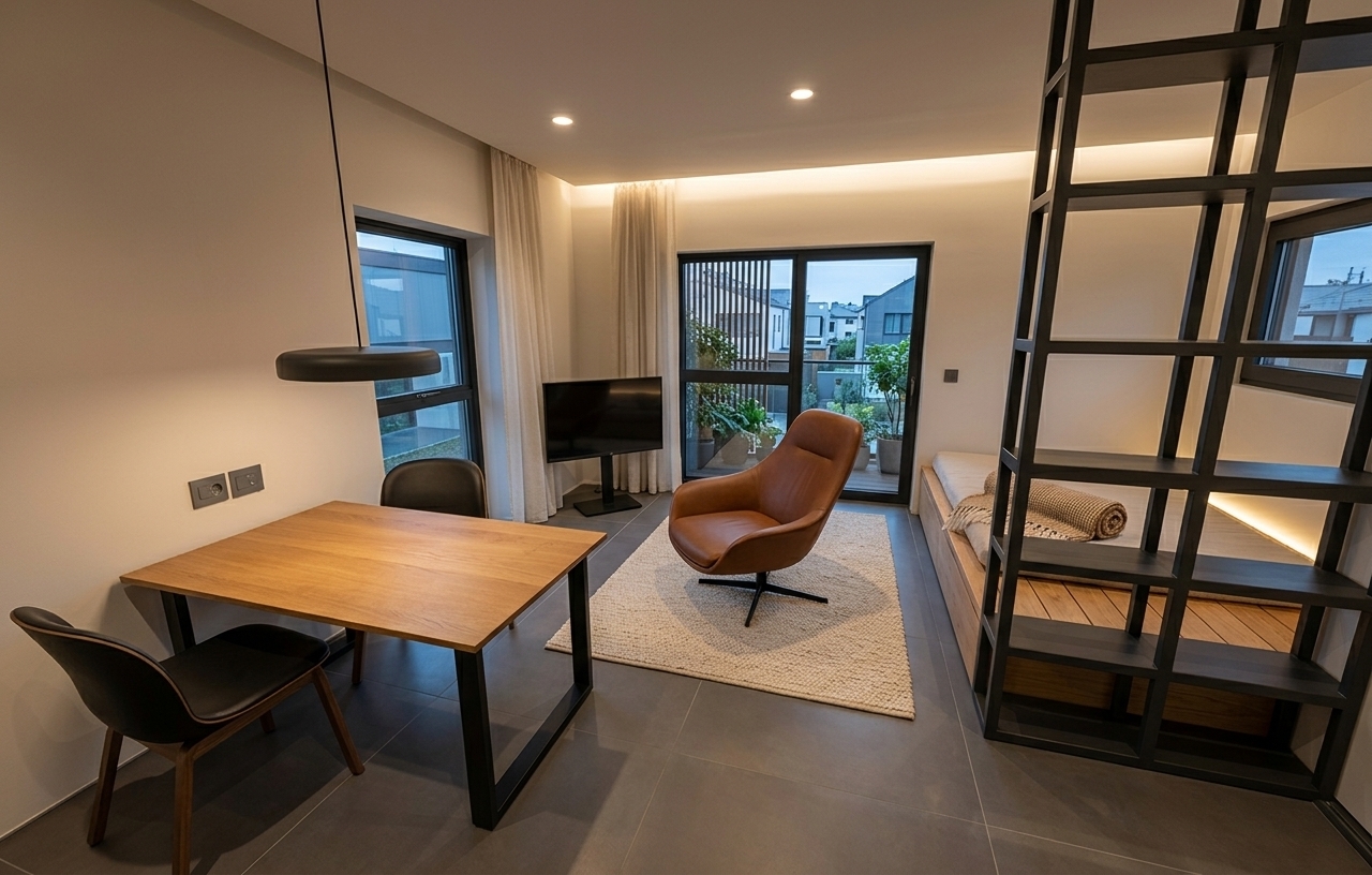 An incredibly lifelike, richly detailed, photorealistic wide-angle interior photograph of a minimalist Japanese Zen studio apartment set in a peaceful modern urban residence. The scene is illuminated by soft, recessed ceiling spotlights and subtle perimeter cove lighting, creating a calm, tranquil, and deeply harmonious atmosphere. Captured with a professional 24mm wide-angle lens, emphasizing tactile natural wood grains, matte black metal architectural elements, and delicate neutral fabrics.

In the foreground, a sleek oak dining table with matte black metal legs is paired with dark ergonomic chairs beneath a floating minimalist disc pendant light. To the right, a striking black metal grid partition elegantly divides the platform bed area from the central living space, embodying Japanese architectural balance. The central lounge features a rich cognac-brown swivel armchair positioned on a light cream area rug, oriented toward large glass balcony doors draped in sheer off-white linen curtains. Smooth charcoal floor tiles reflect the ambient glow, grounding the uncluttered space in quiet sophistication and timeless wabi-sabi elegance.