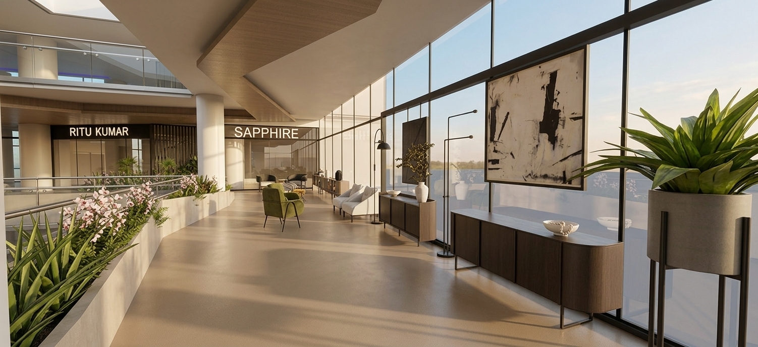 A professional architectural photograph of the modern luxury retail interior, perfectly preserving the exact geometry, layout, camera angle, and composition of the scene. The entire floor area is rendered with a realistic, smooth beige-toned vinyl flooring featuring a subtle satin sheen, micro-texture, and soft reflections of the surrounding daylight. Bright, natural daylight streams in through the extensive floor-to-ceiling glass curtain wall on the right, casting delicate, realistic shadows across the space and highlighting the rich textures of the dark wood credenzas, black metal accents, and contemporary upholstered armchairs. Vibrant green leafy plants in planters and fresh orchids along the glass balustrade display organic botanical details and natural light translucency. The storefronts in the background, including RITU KUMAR and SAPPHIRE, feature warm interior glow and authentic architectural finishes. Shot with a full-frame camera and a 24mm wide-angle lens at f/8 for crisp edge-to-edge sharpness, the scene captures high dynamic range that naturally balances the bright outdoor daylight with the cozy indoor lighting, enhanced by realistic surface micro-textures, faint glass smudges, soft dust particles, and gentle lens vignetting.