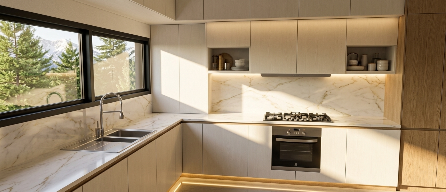 An incredibly lifelike, richly detailed, photorealistic interior photo of a contemporary luxury kitchen set in an exclusive mountain escape. The scene is illuminated by brilliant midday spring sunlight streaming through the sleek, black-framed horizontal window alongside soft, ambient LED strip lighting recessed beneath the upper cabinets, creating a bright, welcoming, and ultra-sophisticated atmosphere. Captured with a professional 24mm architectural lens, emphasizing the delicate textures of the natural wood grain, pristine marble, and polished metal accents. The countertops and full-height backsplash feature premium white Calacatta marble adorned with subtle, elegant gold veining that glistens softly under the light. Seamless, handleless lower and mid-tier cabinets in a refined off-white timber finish display crisp edge detailing and side sheen, framed by warm oak full-height pantry panels and upper cabinetry. Through the clear window glass, which carries a gentle architectural reflection, lush green spring pine trees and sun-lit mountain peaks frame the view. A high-gloss, polished floor mirror-reflects the golden sunlight and under-cabinet glow, while the brushed stainless-steel sink with a flexible goose-neck faucet, black gas cooktop, and built-in oven add sleek, modern functionality with realistic metallic highlights and soft, atmospheric shadows.