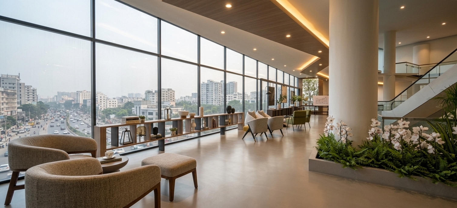 A professional architectural photograph of a luxury indoor lounge captured with a 24mm tilt-shift lens at eye level, perfectly maintaining the scene's exact perspective, composition, and structural layout. The interior features a smooth, seamless vinyl floor with a soft matte sheen reflecting ambient light. Through the expansive floor-to-ceiling glass curtain wall, a bright daytime panorama reveals the bustling, sprawling city skyline of Bangladesh bathed in natural atmospheric haze and daylight under a clear sky. Recessed warm architectural downlights and linear LED cove lighting built into the wood-paneled drop ceiling emit a soft, ambient glow that illuminates the walkway and seating areas. Foreground woven armchairs display detailed fabric textures and polished wooden frames, while the white structural column rises beside a built-in planter filled with hyper-realistic white orchids and lush green ferns. Glass curtain walls exhibit realistic faint reflections, subtle dust micro-textures, and soft edge blooming, complemented by natural lens vignetting, precise material shaders, and fine photographic grain.
