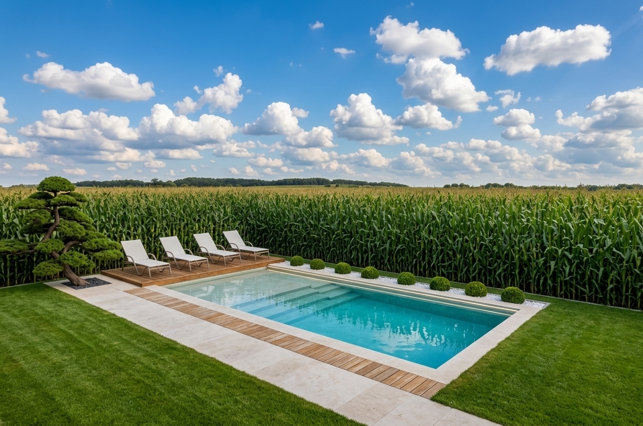 An incredibly lifelike, richly detailed, photorealistic landscape photo of a luxurious outdoor pool area set in a modern residential villa environment. The scene is illuminated by crisp daylight and ambient glow from subtle, modern underwater LED pool lights, creating a serene, elegant, and refined atmosphere. Captured with a 24mm wide-angle lens, emphasizing the rich textures of warm wooden decking, smooth natural stone pathways, and pristine rippling water...

The pool is filled with crystal-clear, inviting turquoise water, featuring submerged steps that gently lead into the main basin. Surrounding the water, the pool edge and expansive walkway are finished in light, high-end natural stone. Along the long sides of the pool, decorative white stone borders are neatly lined with uniform, spherical green topiary bushes and sleek LED strip lighting. To the side, a teak wood slat solarium accommodates four contemporary white sun loungers, flanked by a sculpted Japanese bonsai tree. The entire space is framed by a flawlessly manicured, golf-course quality lawn and a dense green hedge under a brilliant blue sky, evoking a sense of tranquil luxury.