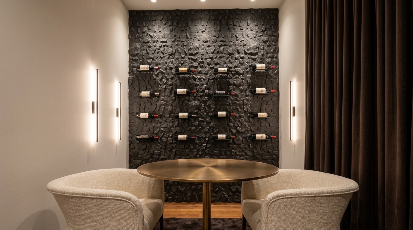 An incredibly lifelike, richly detailed, photorealistic eye-level interior photo of an intimate contemporary wine tasting nook set in a luxury modern residence. The scene is illuminated by a sophisticated layered lighting scheme of warm recessed spotlights grazing the textured rear wall and sleek vertical linear sconces casting soft ambient glow on off-white side walls, creating an opulent and cozy atmosphere. Captured with a professional tilt-shift architectural lens, emphasizing the rich tactile contrast between rough charcoal stacked stone, plush woven textiles, and polished metal accents.

At the focal point of the perfectly symmetrical composition, a dramatic full-height black stacked-stone feature wall showcases fine wine bottles resting horizontally on minimal matte-black pin racks. In the foreground, two matching curved lounge chairs upholstered in a cream-colored woven fabric face each other across a refined round café table with a slender brushed-metal pedestal. Heavy, floor-to-ceiling chocolate-brown curtains hang on the right in deep, natural pleats, complementing the warm satin-finished timber flooring and a dark plush rug underfoot. Every surface features physical realism—from the subtle glass highlights on the wine bottles to the rich ambient occlusion and soft contact shadows—resulting in a perfectly balanced, ultra-luxurious architectural space.