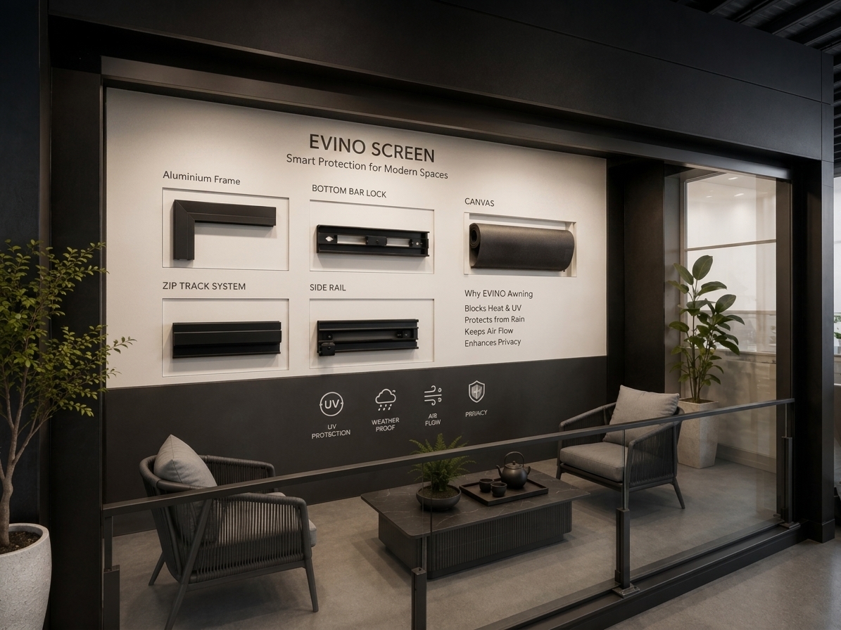 A high-end architectural photograph of the balcony display area from the exact camera angle, perspective, and composition as the input image, rendered with soft and completely natural ambient lighting. The warm horizontal linear LED strip light above the product display wall is completely removed and turned off, allowing the off-white wall, mounted dark aluminum components, and typography to be lit evenly and naturally by gentle interior ambient light without localized bright glows. All surfaces exhibit realistic micro-textures: fine matte powder-coating on the black hardware and frame profiles, tactile woven cord wrapping on the armchairs, matte dark ceramic finish on the low coffee table with the tea set, and natural leaf sheen on the potted plants. The glass railing in the foreground displays realistic subtle reflections, delicate light refraction, and faint micro-smudges along the pane. Photographed on a professional full-frame camera with a wide-angle lens, the scene features soft, realistic shadow falloff under the furniture, natural depth of field, and faint film grain, making the entire display look like a genuine photograph rather than a digital render.