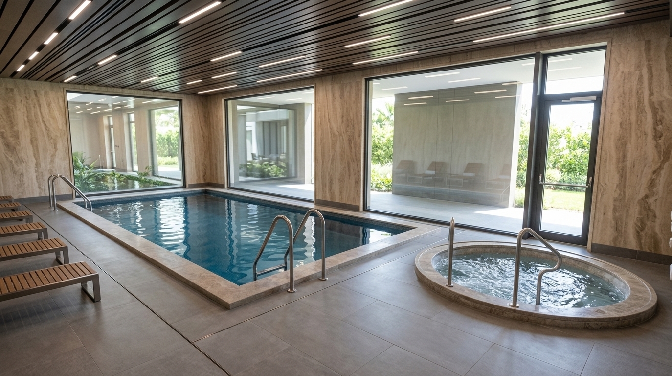 An incredibly lifelike, richly detailed, photorealistic wide-angle interior photo of a luxury indoor pool area and minimalist wellness haven set in a modern architectural retreat. The scene is illuminated by sleek, recessed linear ceiling lights combined with bright, soft daylight pouring through massive floor-to-ceiling windows, creating a serene, uncluttered, and Zen-inspired atmosphere. Captured with a full-frame architectural camera and a crisp wide-angle lens, emphasizing the glossy water reflections, elegant beige travertine wall cladding, and smooth matte gray floor tiles. The streamlined space features a calm swimming pool alongside an inviting oval hot tub, complemented by a row of simple, elegant loungers crafted from sleek metal and warm wooden slats. With its monochromatic palette of gray, white, and subtle stone accents, clutter-free surfaces, and functional modern aesthetic, this tranquil interior perfectly embodies a peaceful, sophisticated sanctuary.