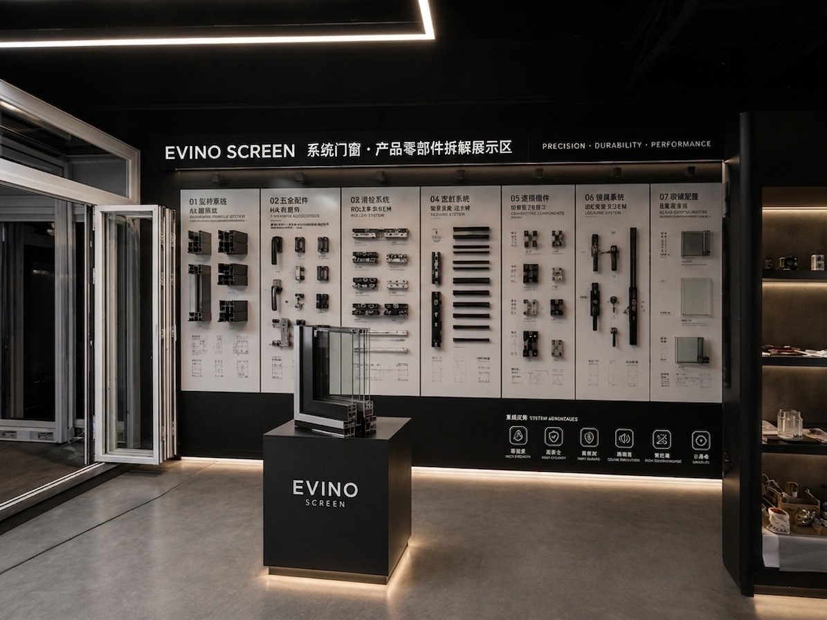 A professional wide-angle interior architectural photograph of the EVINO SCREEN showroom display, captured at eye-level with a 24mm tilt-shift lens ensuring perfectly straight vertical lines and accurate perspective. The central black pedestal featuring the "EVINO SCREEN" logo is sharply in focus, displaying an aluminum glass window profile sample with clear light reflections and crisp edge details. The overhead linear ceiling light casts a clean, diffused illumination across the polished gray concrete floor, which exhibits subtle micro-textures, faint surface scuffs, and soft ambient reflections. The wall-mounted product component display board has its left edge naturally shortened by 600mm to seamlessly blend into the surrounding matte dark wall background, and the row of spotlights above the component display board is turned off, allowing gentle, realistic ambient store light to fall naturally across the white graphic panels without direct top-down glare. Warm low-level accent lighting softly glows along the base of the wall display and beneath the pedestal. The scene maintains an authentic photographic visual quality, complete with subtle surface wear, mild corner vignetting, realistic specular highlights on the aluminum and glass samples, and faint photographic grain in the deeper shadow areas of the matte black ceiling.