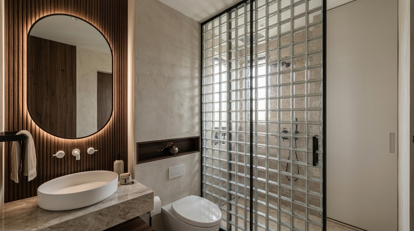 An incredibly lifelike, richly detailed, photorealistic wide-angle interior photo of a Japanese Zen bathroom set in a tranquil modern residence. The scene is illuminated by soft, diffused midday light coupled with warm, ambient halo LED backlighting, creating a calm, deeply tranquil, and harmonious atmosphere. Captured with a 24mm architectural tilt-shift lens, emphasizing the tactile wabi-sabi plaster wall textures, rich fluted dark wood paneling, and the refined sheen of the stone vanity. To the left, a backlit, rounded oval mirror rests against deep wood slats, casting a gentle glow over a smooth white oval vessel sink mounted on a thick, vein-patterned marble countertop. Clean, matte-white wall-mounted hardware and a dark minimalist towel bar complement the uncluttered, balanced aesthetic. Adjacent to the sleek, wall-hung toilet, a recessed dark wooden niche adds a subtle touch of traditional Japanese functional art, while a sliding grid-patterned glass block shower door introduces sparkling reflections, sophisticated depth, and a seamless blend of shade, neutral stone tones, and elegant black framing.