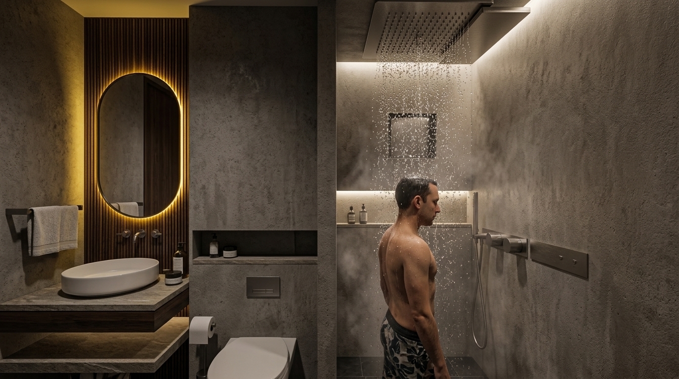 An incredibly lifelike, richly detailed, photorealistic wide interior shot of a serene Japanese Zen bathroom set in a luxury modern residence at night. The scene is illuminated by the vibrant, golden-yellow halo of a back-lit oval vanity mirror and soft recessed cove lights, creating an intimate, tranquil, and deeply relaxing wabi-sabi atmosphere. Captured with a 35mm architectural lens, emphasizing the rough tactile concrete plaster walls, rich slatted dark wood paneling, floating natural stone counter slabs, and individual glistening water droplets cascading from a ceiling-mounted rainfall shower. 

On the left, a minimalist white oval vessel sink sits atop layered floating stone shelves, complemented by sleek wall-mounted white fixtures and dark vertical timber slats that ground the space in a balanced, earthy aesthetic. Beside the vanity area, a recessed wall niche and minimalist toilet add functional simplicity. To the right, an open-concept wet room features a figure enjoying the soothing downpour from a massive brushed-metal ceiling shower head, with clean-lined controls mounted flush against the neutral textured wall. The sophisticated palette of muted greys, deep charcoal blacks, and warm wood tones delivers an uncluttered, harmonious sanctuary crafted for calm reflection.