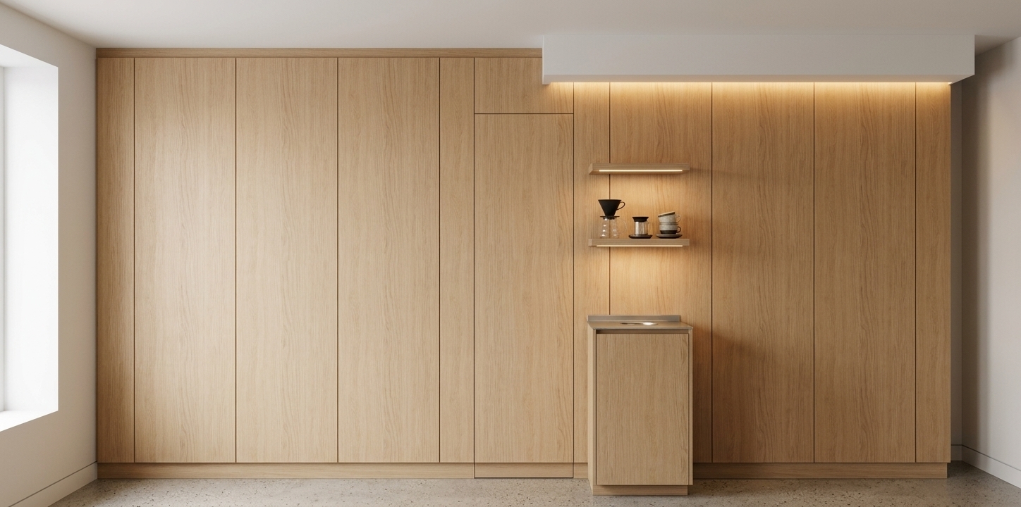 An incredibly lifelike, richly detailed, photorealistic eye-level interior shot of a custom wall installation set in a serene coffee shop designed as a minimalist haven. The scene is illuminated by soft, diffuse ambient daylight paired with warm LED strip lighting integrated beneath the floating shelves and upper white soffit, creating a calm, welcoming atmosphere. Captured with a 35mm architectural tilt-shift lens, emphasizing the continuous fine natural light oak wood grain and subtle shadow gaps between panels. The wall features a smooth, floor-to-ceiling wood paneling system with an expertly concealed hidden door that aligns seamlessly within the vertical planks for a clean look. To the right, a compact, modern coffee and water station cabinet extends slightly outward in matching oak finish, serving as a sleek refreshment counter. Above the cabinet, two minimalist floating shelves cast a soft, warm downward illumination from hidden LED strips onto stylish coffee accessories and glassware, perfectly balancing functional hospitality with elevated interior design.