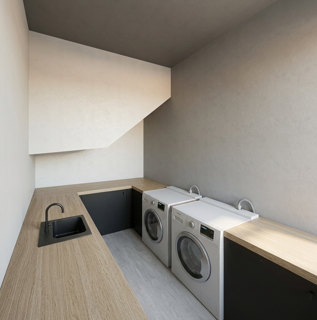 A professional interior architectural photograph of this compact laundry utility room on a warm summer midday, captured with a 24mm wide-angle lens at f/8 to preserve sharp focus from foreground to background. Natural, intense summer sunlight filters into the space from an out-of-frame light source, creating bright high-key illumination with subtle warm color balance and soft, realistic ambient shadows underneath the counters and sloped ceiling overhang. The light birch-wood countertops display natural, tangible wood grain textures with a subtle satin sheen, while the dark black sink and sleek gooseneck faucet feature realistic matte finishes with soft metallic highlights. The two front-loading washing machines display authentic matte grey and white enamel surface details, with reflective dark glass doors showing subtle ambient highlights and natural micro-imperfections. The surrounding walls show realistic plaster paint textures, transitioning from soft matte off-white beneath the slope to a deep slate grey accent wall with realistic tonal depth. The image retains complete geometric precision from the original composition, enriched by faint sensor grain, gentle corner vignetting, and lifelike physical light distribution.