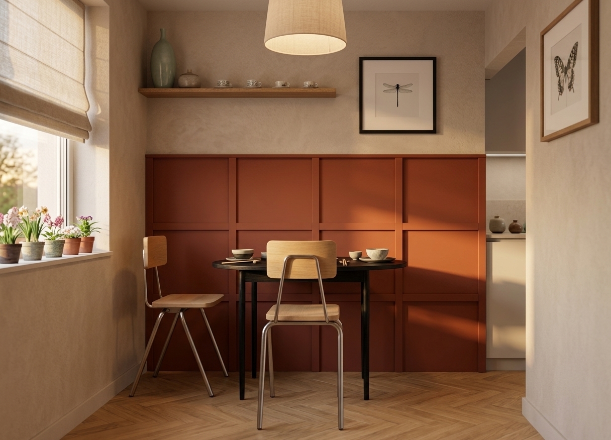 An incredibly lifelike, richly detailed, photorealistic eye-level interior shot of a Japanese Zen dining nook set in a tranquil modern kitchen during a warm spring evening. The scene is illuminated by low-angled, golden sunset light streaming through a soft fabric roller shade on the window, creating a peaceful and serene atmosphere. Captured with a 35mm prime lens, emphasizing rich wood grain, tactile fabrics, and subtle shadows, the space features a sleek black wood table set with elegant ceramic tableware, paired with minimalist light oak wood chairs. Above, a soft beige fabric pendant lamp hangs gracefully, casting a gentle warm glow down onto the light oak herringbone parquet flooring. Deep terracotta accent wall panels provide a grounded depth beneath soft beige plaster walls, where a slender floating oak shelf showcases delicate ceramic teacups and vases, perfectly complemented by vibrant potted spring flowers lining the window sill and a minimalist framed dragonfly print resting on the wall.