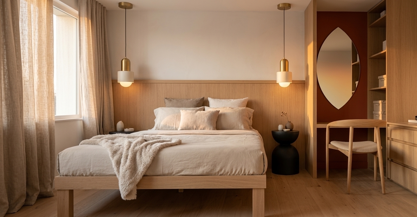 An incredibly lifelike, richly detailed, photorealistic wide-angle interior photo of a serene Japanese Zen bedroom set in a tranquil spring home. The scene is illuminated by warm, low-angled golden sunset light streaming through soft floor-to-ceiling linen drapes, creating a warm, peaceful, and inviting atmosphere. Captured with a 35mm architectural lens, emphasizing the smooth, natural grain of light oak finishes, tactile plush fabrics, and soft ambient light, the bedroom centers around a light oak platform bed dressed in crisp beige bed linens, layered plump pillows, and a soft, fluffy throw blanket casually draped across the side. Behind the bed, a matching light oak half-wall headboard creates a clean horizontal anchor, flanked by two matte black hourglass nightstands adorned with minimal ceramic decor items. Above them, cylindrical dual-tone pendant lights cast a soft, warm downward glow. To the right, a built-in light oak vanity desk features an elegant light oak chair with a cushioned beige fabric seat, positioned in front of an almond-shaped mirror set against a muted rust-red accent wall panel, while light oak flooring unifies the entire harmonious composition.