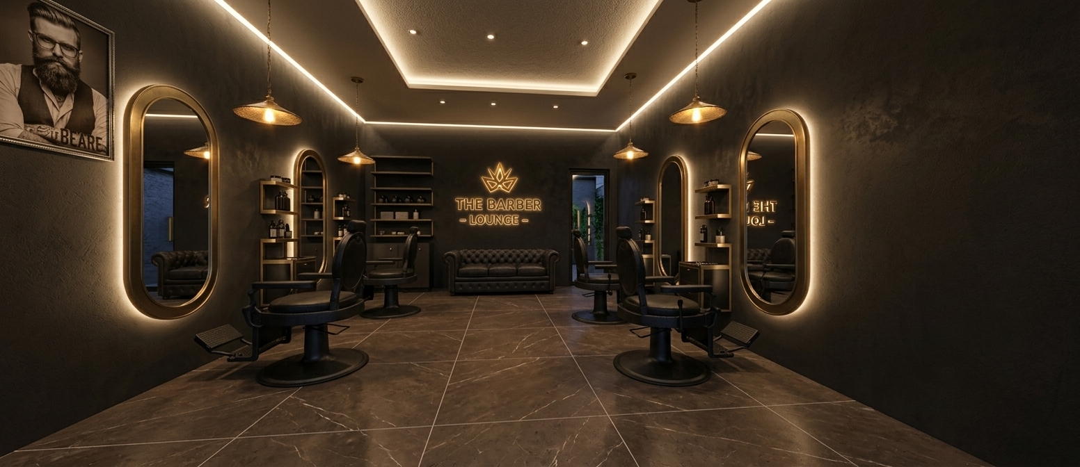 An incredibly lifelike, richly detailed, photorealistic wide-angle interior photograph of an upscale barber lounge set in a modern industrial loft at night. The scene is illuminated by soft, warm LED strip lighting recessed along the ceiling perimeters and center, gentle backlighting haloing the oval mirrors, and golden pendant lamps, creating a warm, intimate, and comforting atmosphere. Captured with a 24mm architectural lens, emphasizing matte dark brown marble floor tiles, deep charcoal textured plaster walls, and elegant brushed gold accents...

Symmetrically aligned down the grand space, classic black leather barber chairs with matte black iron bases face tall, brass-framed oval mirrors that gleam with subtle reflections from their warm LED backlights. At the far end of the room, the golden emblem and lettering for "THE BARBER LOUNGE" radiate with a soft light above a dark leather tufted Chesterfield sofa and minimalist shelving units stocked with grooming products. The rich, non-reflective matte finish of the dark brown marble floor beautifully catches soft ambient light, enhancing the sophisticated, moody elegance of this luxurious nocturnal retreat.