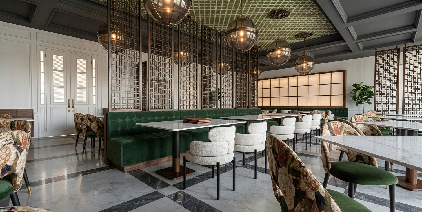 The photo captures a sophisticated dining room designed with an air of contemporary elegance, blending classic motifs with modern sensibilities. The space is largely defined by its rich color palette, featuring deep olive green tufted booth seating that runs along the walls, providing a plush, inviting texture. Complementing these are chairs upholstered in a vibrant, multi-toned pattern of warm browns, muted greens, and creams, adding an artistic flourish, alongside sleek beige chairs with minimalist curved backrests, all resting on slender black metal frames. Dark, rectangular tabletops, possibly made of marble or a similarly refined material, are supported by black bases, some accented with a warm brown at their foot. Overhead, the ceiling features an intricate, dark green geometric pattern above the main dining area, from which multiple spherical pendant lights with dark, cage-like designs hang at varying heights, casting a soft, ambient glow. The room is thoughtfully divided by tall, dark-framed screens with intricate geometric lattice patterns, lending an Asian-inspired touch and a semi-private feel to different sections. White wall paneling with classic door frames is visible on the far left, while the back wall features a large, gridded panel, likely a decorative element or window, further contributing to the elegant and refined atmosphere. The flooring consists of large, light-toned tiles interspersed with darker linear accents, tying the entire sophisticated design together.