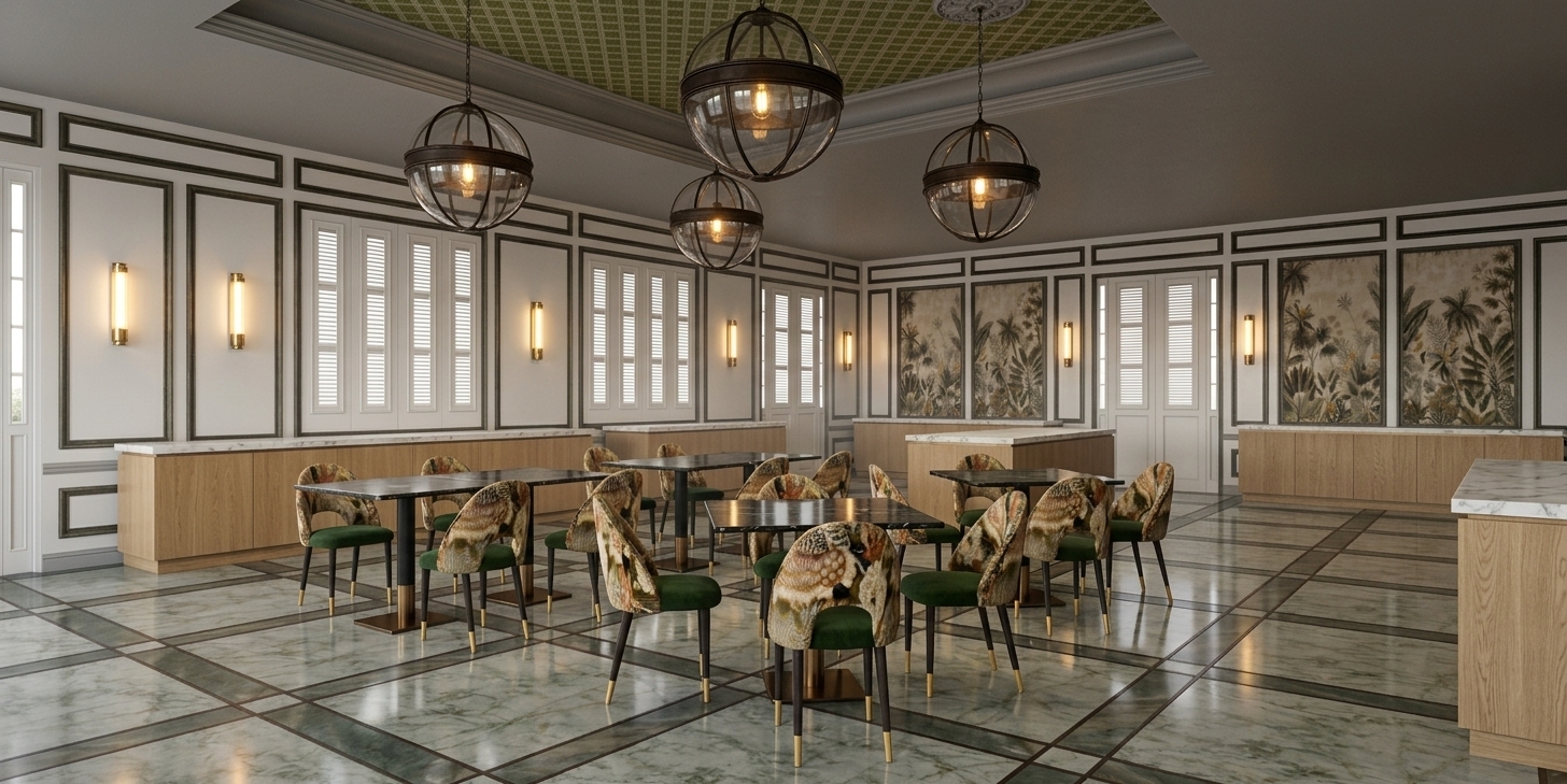 An eye-level architectural interior photograph of an elegant upscale dining room, captured with a wide-angle lens. The ceiling is finished in a smooth, bright matte white paint, subtly reflecting soft ambient light across its geometric recessed tray moldings and central details. The surrounding walls feature crisp white wainscoting and paneled trim with thin dark accents, illuminated by wall-mounted sconces casting a gentle, warm golden glow. In the center of the room, dramatic spherical wire-cage globe pendant lights hang from above, their dark metallic frames casting delicate highlights and faint shadows. Dark polished marble dining tables are surrounded by chic chairs upholstered in rich dark green velvet seats and detailed patterned fabric backs, supported by slender black legs with brass-tipped feet. The floor consists of large-format gray marble tiles with dark border inlays, displaying realistic soft glossy reflections of the furniture and lighting above. Light wood sideboards with smooth white marble tops line the room's perimeter, while framed botanical wallpaper panels add texture to the back walls. The scene is bathed in warm 2800K interior lighting with realistic depth of field, subtle surface micro-textures, faint lens vignetting, and a hint of natural photographic grain.