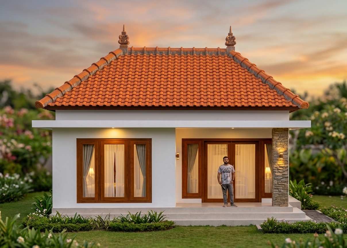 An incredibly lifelike, richly detailed, photorealistic straight-on eye-level architectural photo of a single-story tropical bungalow set in a lush outdoor garden during spring. The scene is illuminated by a dramatic golden sunset paired with glowing warm white interior lights and subtle porch sconces, creating a cozy and serene atmosphere. Captured with a professional 35mm tilt-shift lens, emphasizing the rich textures of orange Goodyear clay roof tiles, polished teak wood window frames, and natural stacked-stone masonry. The structure rises gracefully on a low stepped plinth, featuring a classic hipped terracotta roof topped with ornate traditional finials that catch the soft dusk light. Elegant, light-filtering sheer curtains hang inside the expansive floor-to-ceiling glass windows and sliding doors, diffusing a warm white interior glow onto the wide front veranda. A textured, natural stone pillar framing the right side of the entrance adds rich material contrast against the smooth, crisp white stucco exterior, while neatly manicured spring foliage, soft lawn grass, and subtle garden blooms border the pathway, framing this minimalist haven into a peaceful residential sanctuary.