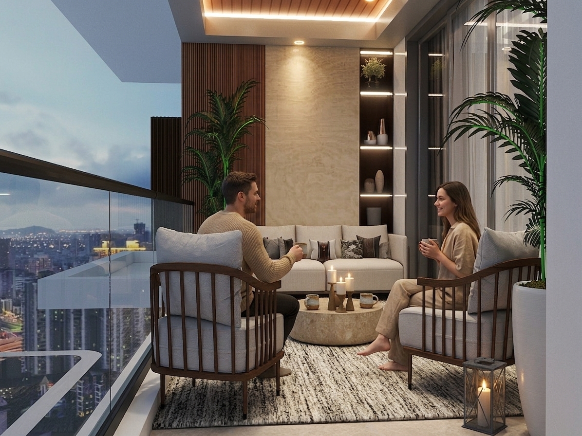 A professional architectural photograph of the high-rise balcony captured during a warm evening twilight, preserving the exact geometry, camera angle, layout, and structural details of the scene. A couple is seated comfortably in the wooden armchairs, enjoying warm mugs of coffee together in the serene dusk atmosphere. The color palette is enriched with warm shades of beige, oatmeal, and sandy beige tones across the upholstered sofa, cushioned armchairs, natural travertine coffee table, and plush textured area rug. Enhanced lighting accentuates the cozy mood through warm golden light emitted from the ceiling recessed spotlights, warm LED strip backlighting behind the display shelves, and the gentle flicker of lit candles on the center table and floor lantern. Through the clear glass railing, the distant city skyline glows with warm twilight sky tones and soft urban evening lights. Shot on a 35mm lens at f/4, the image exhibits realistic photographic qualities including fine weave micro-textures on the linen fabrics, subtle glass reflections, atmospheric depth haze, faint lens vignetting, and light photographic film grain.