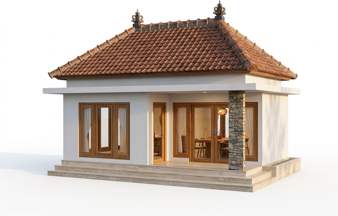 An incredibly lifelike, richly detailed, photorealistic eye-level exterior shot of a tropical minimalist haven set in a tranquil spring garden lush with fresh greenery and morning dew. The scene is illuminated by the soft, golden glow of a gentle sunrise coupled with ambient warm white interior lighting radiating through glass panels, creating a peaceful and welcoming atmosphere. Captured with a 24mm tilt-shift lens on a full-frame camera, emphasizing the tactile clay terracotta roof tiles topped with intricate Balinese crown finials, immaculate white plaster walls, and a textured, natural stacked-stone column supporting the porch overhang. Clear of any human presence, the home features expansive warm wood-framed windows adorned with soft, sheer white curtains that subtly diffuse light, revealing a warmly lit interior dining room designed for cozy morning gatherings. The polished travertine steps and patio ground the structure elegantly, catching the low morning light and casting long, subtle shadows that highlight the refined craftsmanship and harmonious blend of traditional and modern architectural design.