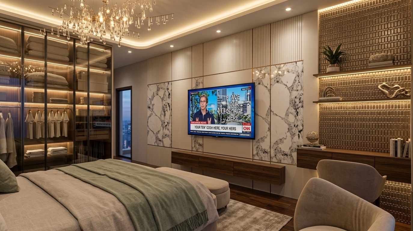 An incredibly lifelike, richly detailed, photorealistic wide-angle interior photo of a lavish master bedroom set in a modern luxury apartment. The scene is illuminated by warm recessed spotlights, radiant under-shelf LED strips, and a spectacular chandelier of sparkling glass teardrops, creating an opulent, cozy Art Deco glamour atmosphere. Captured with a 24mm tilt-shift architectural lens, emphasizing the rich contrast between sleek marble, plush upholstery, polished warm wood, and metallic textures. In the foreground, a beautifully made bed dressed in soft neutral beige linens and a muted sage-green throw rests on a plush area rug. To the left, backlit glass-front wardrobes present a meticulously organized wardrobe display. The main media wall showcases a sophisticated blend of off-white paneling and bold white-and-grey marble cladding with a floating dark timber console, while the adjoining vanity zone features a stunning, deeply textured metallic brick wall with warm linear lighting and chic beige armchairs.