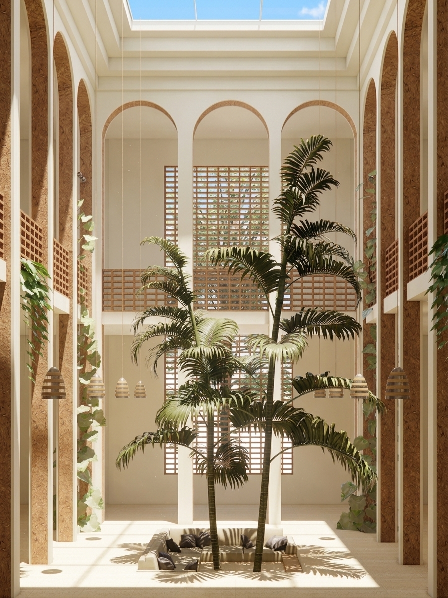 A professional architectural photograph taken during a bright summer midday, capturing the exact spatial layout, tall arched columns, and central palm tree of the indoor atrium in stunning photorealistic detail. Intense, high-angle sunlight streams down through the large square ceiling skylight, casting sharp, defined shadows directly beneath the towering palm fronds and surrounding arches, infusing the space with a warm, brilliant 5600K summer atmosphere filled with tiny, floating dust motes caught in the vertical beams. The off-white plaster surfaces exhibit authentic micro-textures, faint trowel marks, and soft ambient bounce light, while the tall cork-clad pillars display tactile, porous grain with matte organic relief. The fronds of the central palm tree show a natural waxy sheen, rich green variations, subtle subsurface scattering where sunlight penetrates the foliage, and delicate leaf tip imperfections. Down in the sunken lounge, the upholstery and dark accent pillows feature realistic fabric weaves and subtle organic creasing, resting on light limestone floor tiles that reveal soft tonal variations, fine grout lines, and a gentle matte finish. Shot straight-on with a wide-angle tilt-shift lens to preserve precise vertical geometry, the image boasts crisp sharpness from foreground to background, enhanced by subtle photographic imperfections including faint edge vignetting, natural dynamic range in the bright highlights, and fine optical grain.