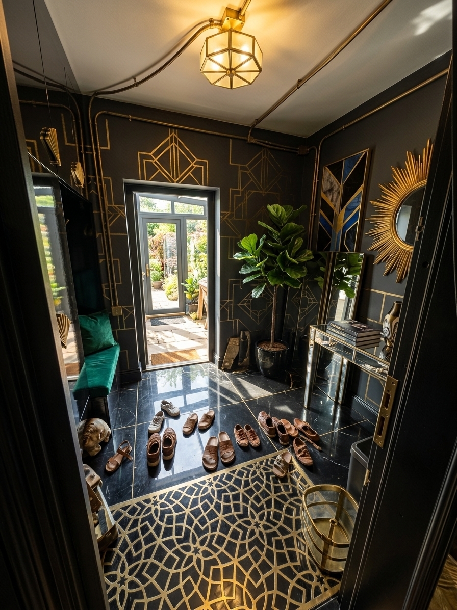An incredibly lifelike, richly detailed, photorealistic wide-angle shot of a fully reimagined luxury Art Deco mudroom set in an upscale contemporary residence. The scene is illuminated by bright midday sunlight streaming through a glass-paneled back door, combined with the golden glow of a flush-mount geometric brass ceiling fixture, creating a lavish, theatrical atmosphere. Captured with a 24mm f/2.8 tilt-shift lens, emphasizing the reflective black marble floor tiles with brass geometric inlays, sleek mirrored console surfaces, and rich emerald velvet upholstery. The once-unfinished space is elevated into a symmetrical sanctuary of glamour, featuring high-gloss black lacquered built-in cabinets with gilded fan-shaped handles for concealed storage, alongside a built-in bench cushioned in jewel-toned emerald velvet. Across the space, a mirrored console table hosts a styled photography book and an art deco-inspired decor vase, situated beneath a striking brass sunburst mirror that reflects bold graphic wall art in shades of onyx, gold, and sapphire blue. Golden geometric motifs ornament the deep charcoal walls, and a tall, glossy potted fiddle-leaf fig stands gracefully near the threshold, drawing the eye toward a sun-drenched outdoor garden patio beyond, seamlessly blending high functionality with opulent Art Deco sophistication.