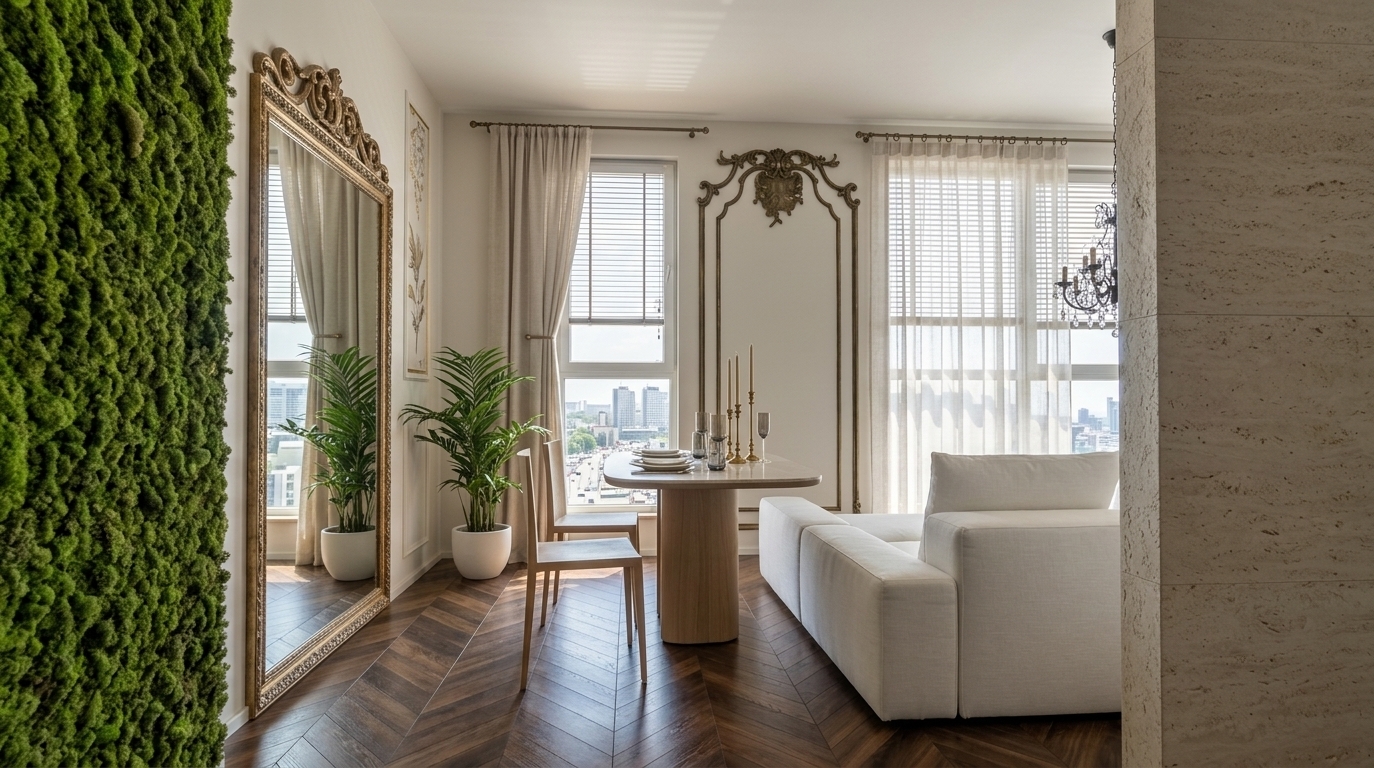 An incredibly lifelike, richly detailed, photorealistic eye-level interior photo of a refined dining room and adjacent living space set in a modern penthouse during a sunny summer midday. The scene is illuminated by glowing natural daylight filtering through expansive windows with city views, creating a light-filled, sophisticated, and serene atmosphere. Captured with a 35mm wide-angle lens, emphasizing the deep textures of the dark chevron hardwood floor, lush moss wall accent, and smooth polished stone surfaces. Adorned in a palette of warm white, pearl, champagne, and soft gray, the room showcases contemporary elegance with ornate plaster wall moldings, slim brass accents, and tailored upholstered furniture. A sleek marble dining table features curated decor with tall golden candlesticks and tinted glassware, balanced by a towering, ornate black-framed floor mirror and an inviting white sectional sofa that together exemplify clean-lined, understated luxury.