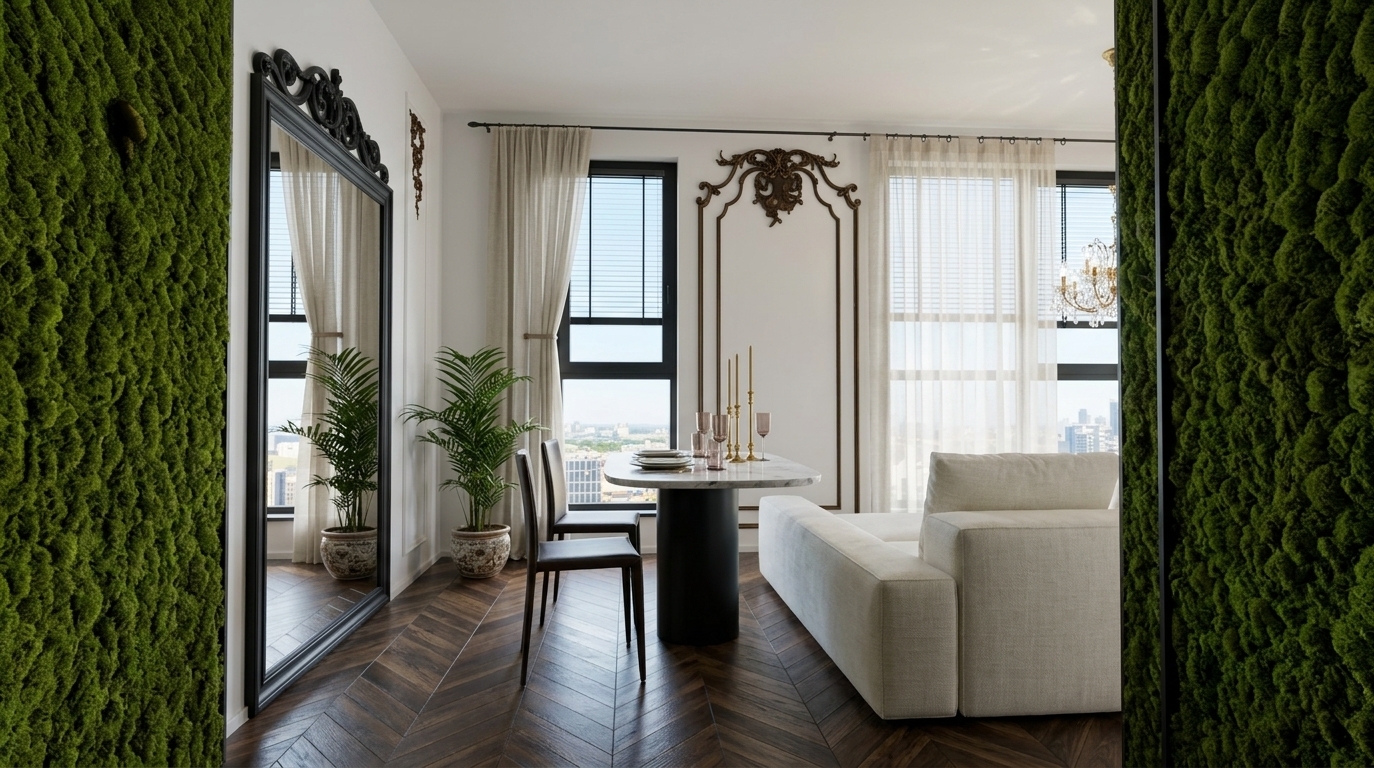 An incredibly lifelike, richly detailed, photorealistic wide-angle interior photograph of a dining and living space set in an upscale high-rise apartment defined by contemporary elegance. The scene is illuminated by soft, bright midday summer daylight filtering through floor-to-ceiling windows, creating a serene, opulent atmosphere with delicate diffused shadows and warm, natural highlights. Captured with a 35mm architectural lens, emphasizing the intricate micro-relief of dark green moss, fine marble veining, and the deep sheen of chevron-patterned dark hardwood flooring.

The foreground is framed by the rich, organic texture of vertical moss walls, drawing the eye toward a grand, classically carved black full-length mirror resting against a crisp white wall with delicate wainscoting. In the center, an oval white marble dining table featuring realistic stone porosity and subtle grey veining sits on a solid matte-black pedestal base, adorned with sleek golden candlesticks and tinted glassware. Minimalist dark leather dining chairs and a lush potted palm add understated sophistication. To the right, a plush off-white modular sofa showcases tactile fabric weaves under the gentle daylight, while an intricate glass-and-brass chandelier catches brilliant light caustics. Beyond the crisp black window frames and sheer drapes, a sprawling summer cityscape stretches under a bright sky, completing this editorial-worthy magazine composition.