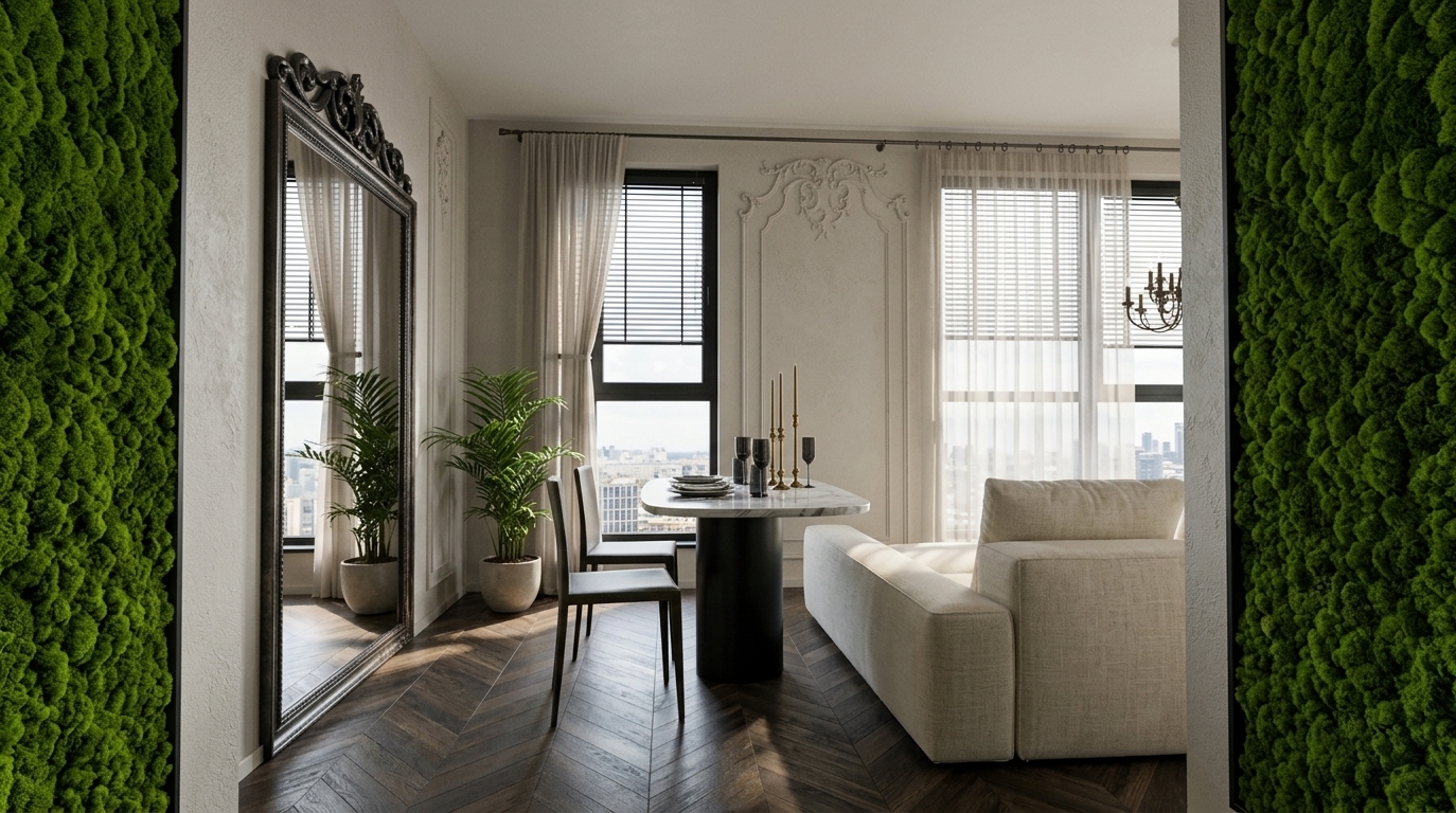 An incredibly lifelike, richly detailed, photorealistic interior photograph of a modern fusion dining room set in a high-rise luxury apartment during a clear spring midday. The scene is illuminated by soft, diffused spring sunlight streaming through large black-framed windows, creating a serene, sophisticated atmosphere with subtle light reflections and soft, realistic shadows. Captured with a professional 35mm wide-angle lens, emphasizing the rich textures of dark chevron hardwood floors, natural green moss walls, and polished white marble.

Framed in the foreground by lush, textured green moss wall panels, the room opens up over exquisite dark oak herringbone parquet with a gentle sheen. To the left, a tall floor-length mirror with an ornate, intricately carved black Baroque frame rests gracefully against a pristine white wall decorated with classic molding and plasterwork reliefs. A vibrant potted palm adds fresh vitality beside an oval dining table crafted from smooth, grey-veined white marble resting on a heavy matte black pedestal. Elegant dark stemware and tall brass taper candleholders grace the table surface. Soft taupe linen drapes hang from a delicate brass rod beside floor-to-ceiling windows fitted with dark blinds, overlooking a distant urban skyline. To the right, a section of a plush, cream-colored modular sofa catches gentle daylight, seamlessly blending contemporary comfort with timeless classic architecture in an editorial spread fit for a luxury design magazine.