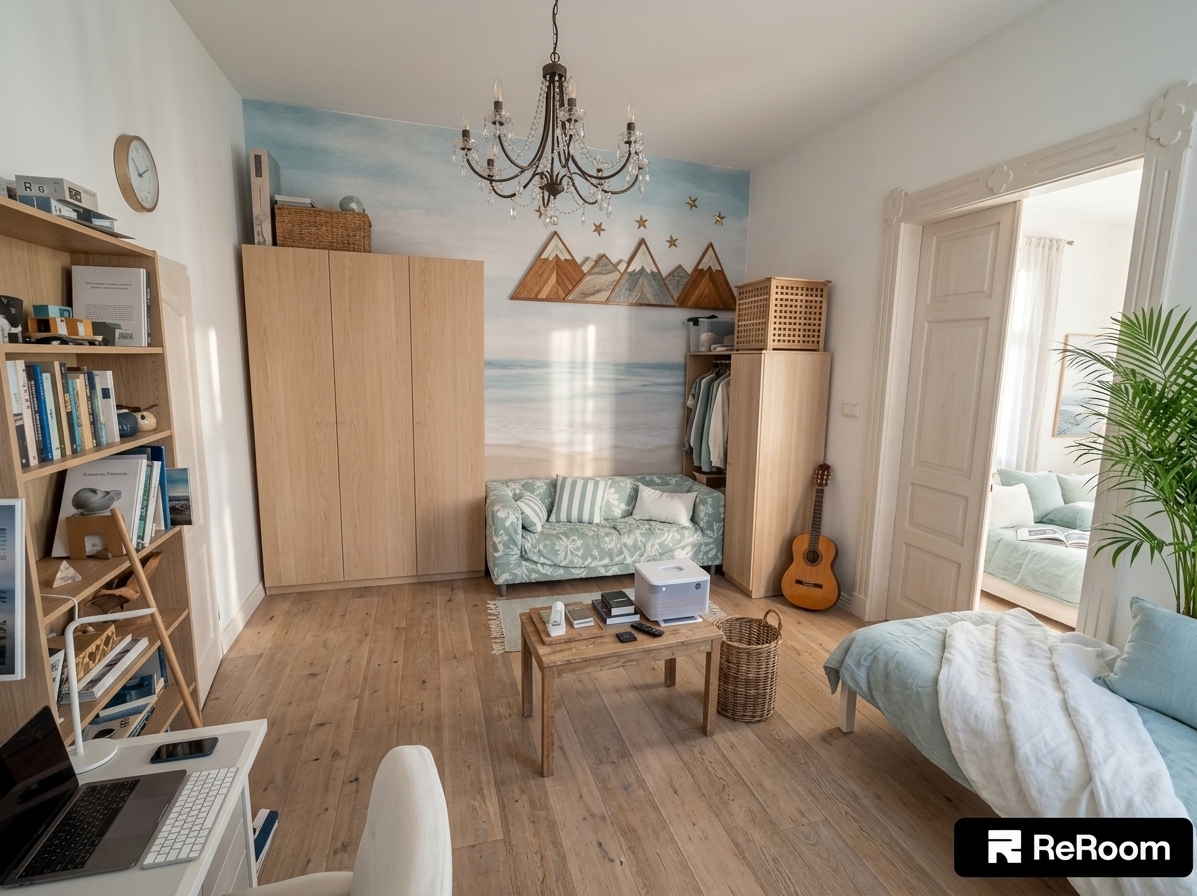 An incredibly lifelike, richly detailed, photorealistic wide-angle interior shot of a coastal breeze gaming room set in a sunlit modern beachside retreat. The scene is illuminated by soft, sun-kissed natural light filtering through sheer white linen curtains, creating an airy, light, and deeply inviting atmosphere. Captured with a 24mm architectural lens, emphasizing the rich textures of bleached oak floorboards, woven wicker storage baskets, and soft seafoam linens. The room harmoniously blends coastal serenity with modern utility: smooth sandy neutral walls are adorned with stunning large-scale seascape wall art, while a streamlined natural wood desk houses a sleek dual-monitor gaming setup beside a open photography book. A comfortable daybed layered in crisp white and soft blue textiles replaces the old bed, framed by a vibrant potted palm and minimalist wicker furniture that maintains an uncluttered, casual elegance.