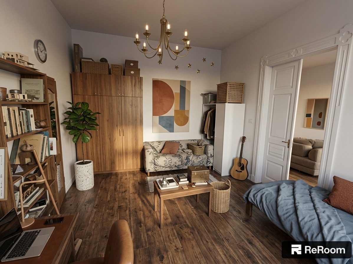 An incredibly lifelike, richly detailed, photorealistic wide-angle interior shot of a reimagined mid-century modern gaming and study sanctuary set in a spacious urban apartment. The scene is illuminated by soft late-afternoon sunlight filtering through sheer linen curtains complemented by warm brass ambient fixtures, creating an inviting, sophisticated, and tranquil atmosphere. Captured with a high-end 24mm prime lens, emphasizing the rich grain of walnut wood, matte ceramic textures, and lush retro upholstery.

This redesigned space transforms the original bedroom layout into a uncluttered, highly functional mid-century modern retreat. The dominant color palette blends warm earth tones, deep burnt oranges, and muted slate blues against crisp off-white walls. Along the far wall, chaotic wardrobes are replaced by seamless, floor-to-ceiling custom built-in cabinetry made from rich teak wood with subtle brass handles. Where the playful mountain mural once was, a large minimalist abstract canvas now hangs, displaying bold geometric shapes in terracottas, muted blues, and warm ochres.

In the central lounge area, a low-slung mid-century sofa upholstered in a warm burnt orange tactile weave rests alongside a sculpted walnut coffee table, meticulously styled with open-page fine art photography books and a sleek ceramic tray. To the right, the sleeping area features a streamlined walnut platform daybed draped in crisp muted-blue linen with textured rust-colored accent cushions. 

The dedicated gaming and study zone boasts an ergonomic walnut desk with warm leather detailing, housing an ultra-wide curved monitor with subtle ambient backlighting and clean, hidden wire management. An iconic mid-century task chair in sage green leather provides comfortable support. Vibrant indoor foliage, including a tall fiddle-leaf fig in a tall terrazzo planter, brings natural energy into the corners, perfectly complementing the organic, linear architecture and timeless aesthetic of the room.