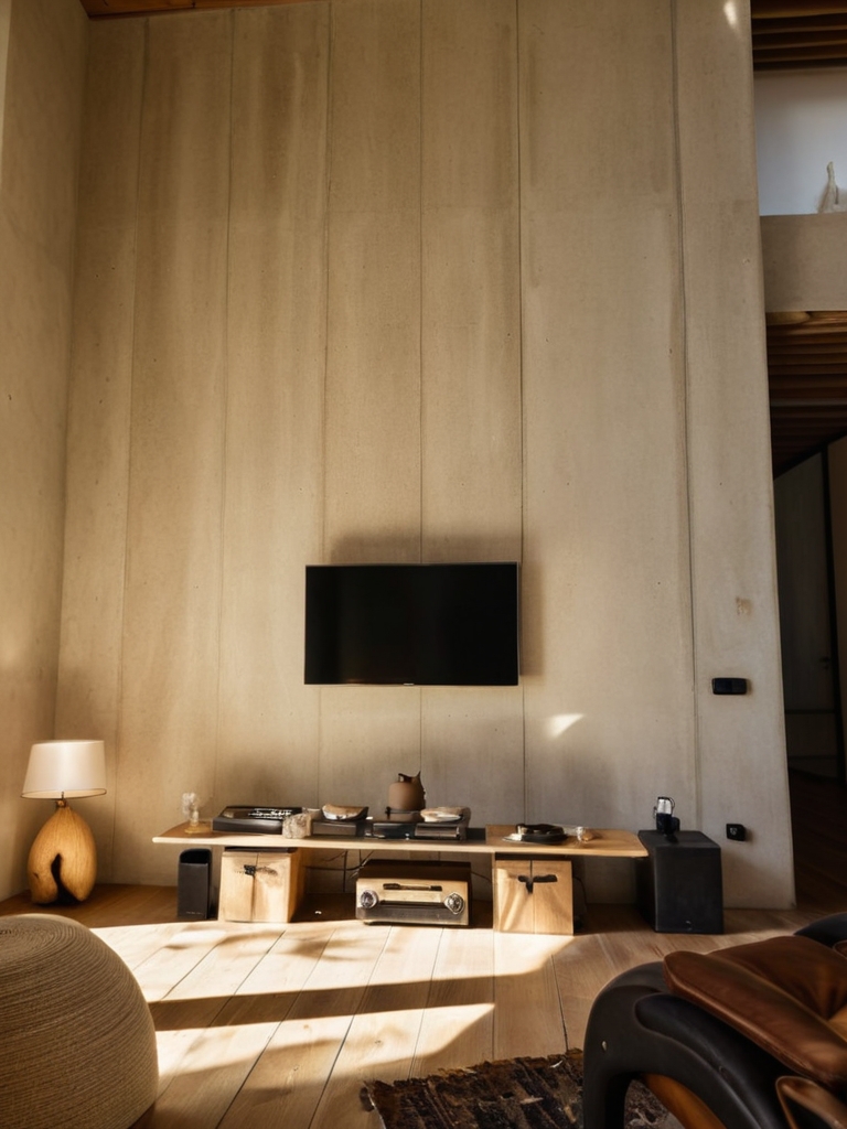 An incredibly lifelike, richly detailed, photorealistic eye-level wide shot of a serene Wabi-Sabi Japanese Zen living room TV feature wall set in a double-height minimalist sanctuary. The scene is illuminated by soft, golden afternoon sunlight dappling through bamboo slatted blinds, creating a tranquil, meditative atmosphere. Captured with a 35mm f/1.8 lens, emphasizing the rich tactile plaster textures, unrefined wood grain, and delicate play of warm light and shadows.

Transforming the vast double-height wall into a striking Wabi-Sabi centerpiece, the upper section features warm, hand-troweled lime-wash plaster in stone beige, contrasting with a floor-to-ceiling asymmetrical recess lined with vertical dark walnut slatted wood panels. Soft, warm LED cove lighting is embedded within the recess, casting a gentle, ethereal glow along the wood slats. 

Centered elegantly on the feature wall, the flush-mounted television sits above a low-slung, floating media console crafted from solid charred oak with organic, rounded live edges. The minimalist console conceals all wiring and media gear inside seamless push-to-open cabinets. Decor on the console is kept thoughtfully sparse and balanced: a single handcrafted textured stoneware vase holding a gnarled dried botanical branch, a small cast-iron teapot on a raw basalt slab, and a soft clay bowl. 

Below, the light ash wood flooring is adorned with a woven raw wool and jute rug in muted earthy beige. To the side, a low-slung linen floor cushion and a low travertine coffee table complement human-scale comfort without overcrowding the vertical space. The visual composition grounds the vast wall height, harmonizing raw natural imperfections with serene modern luxury.