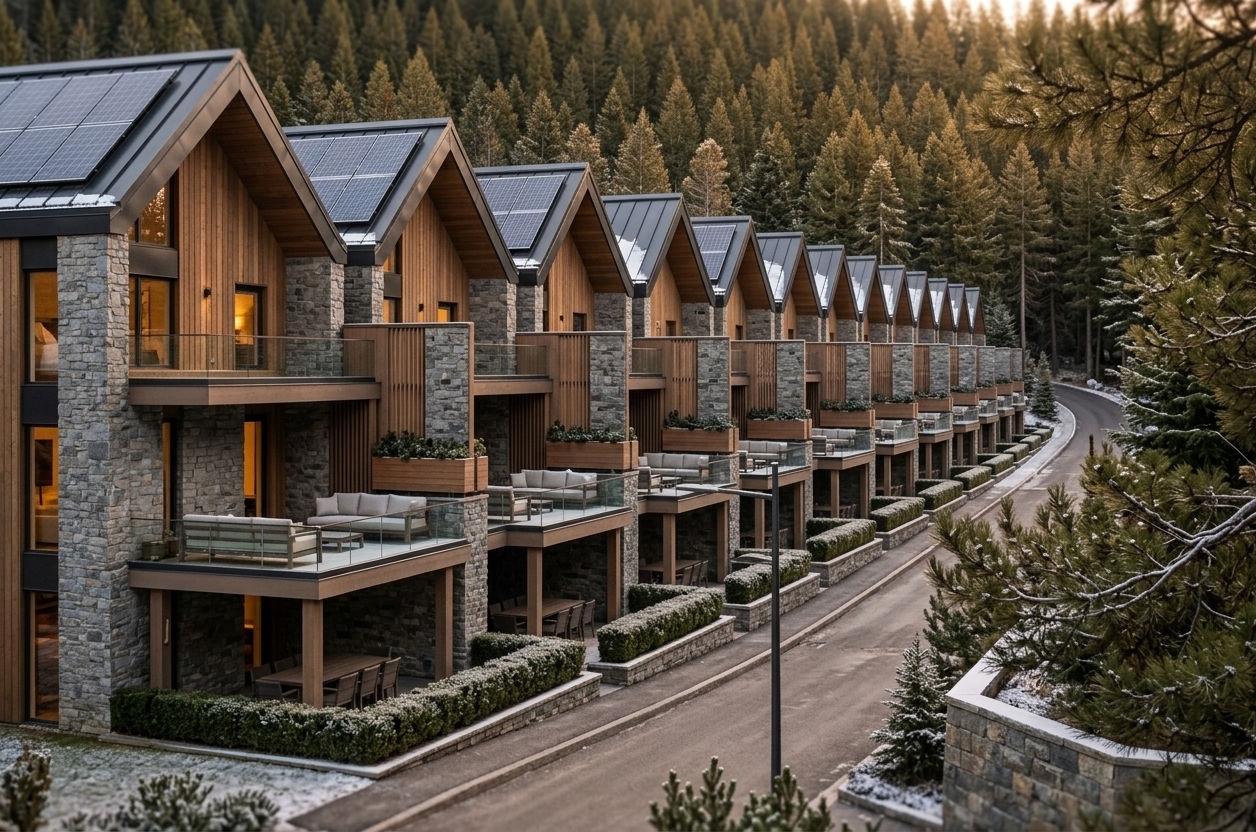 An incredibly lifelike, richly detailed, photorealistic wide-angle exterior architectural photo of a luxury mountain escape townhouse row set in a tranquil alpine pine forest during a quiet winter evening. The scene is illuminated by the soft, warm ambient light of a low sunset filtering through dense evergreen tree tops, creating a cozy, rugged, and inviting atmosphere. Captured with a 35mm tilt-shift lens with exceptional depth of field, emphasizing the crisp contrast between rough-cut gray stone masonry, warm vertical wooden siding, and sleek dark standing-seam gabled roofs equipped with polished solar panels. Nestled against the mountain slope, these cabin-inspired residences feature repeating cantilevered balconies and ground-floor patios styled with comfortable lounge seating and sturdy wooden furniture. The natural color palette harmonizes deep greens of the dense forest, rich earth browns, and warm neutral stone tones, beautifully punctuated by manicured boxwood hedges and subtle mountain-inspired outdoor decor bordering the gently curving access road.
