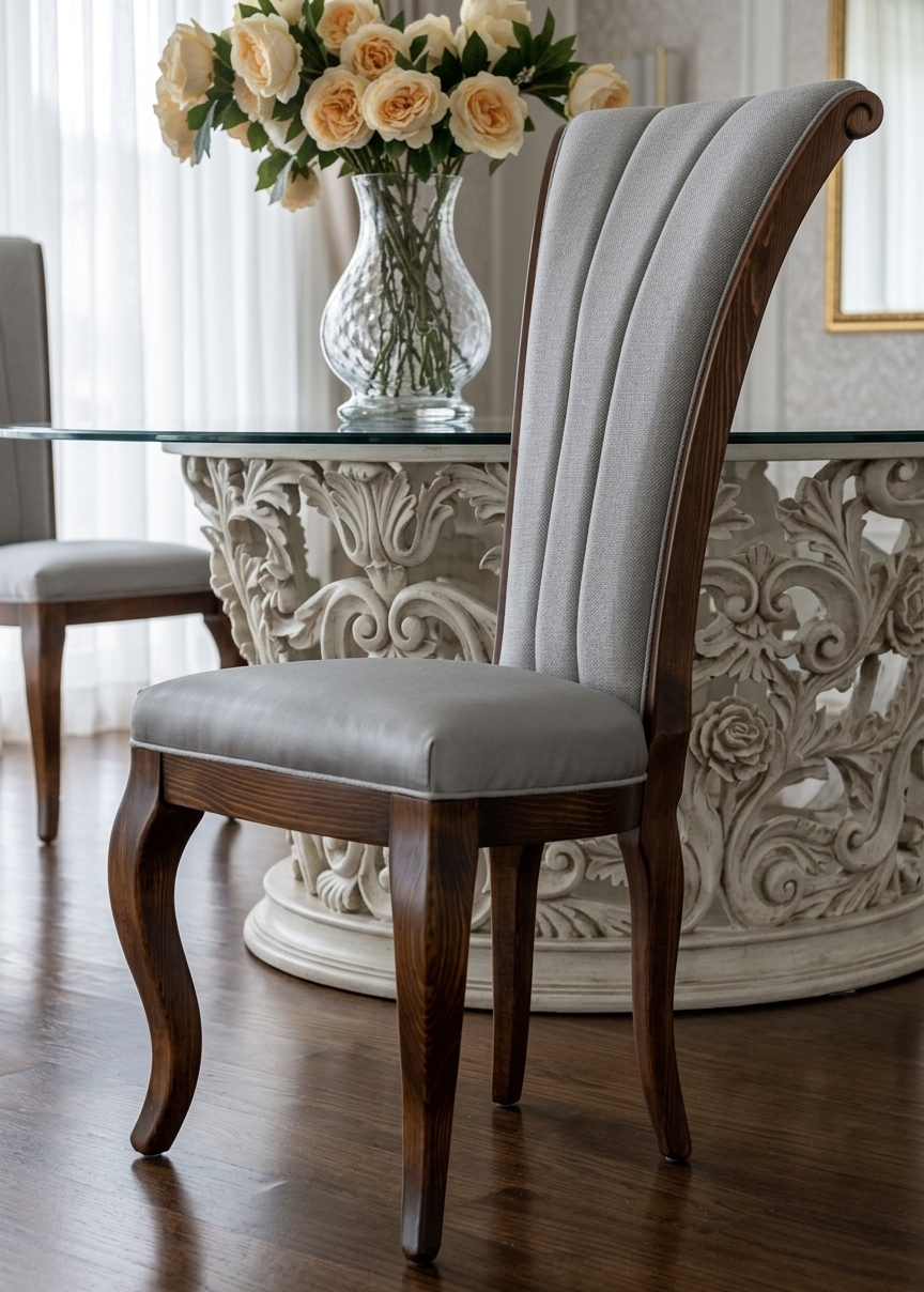 An incredibly lifelike, richly detailed, photorealistic three-quarter perspective close-up shot of an elegant high-back dining chair set in a luminous, sophisticated dining room. The scene is illuminated by soft, diffused daylight filtering through delicate, floor-to-ceiling sheer white curtains, creating a serene and luxurious atmosphere. Captured with a 50mm prime lens with a refined depth of field, emphasizing the deep, warm grain of the dark walnut-stained pine wood frame, its gracefully sweeping side trim, and the tactile sheen of the silver-gray woven fabric backrest neatly segmented into three vertical upholstered channels. In the softly blurred background, an opulent round dining table featuring an intricately carved, white antique-style pedestal base holds a textured glass vase filled with lush cream roses, all set against polished dark flooring that captures subtle, elegant reflections.