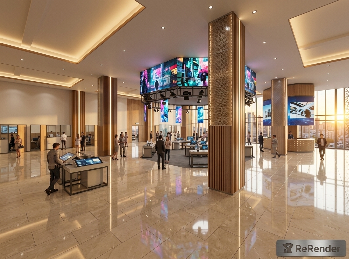 An incredibly lifelike, richly detailed, photorealistic wide-angle interior photo of a sprawling sales and exhibition space set on an elevated floor of a modern building overlooking a spring urban cityscape of mid-rise architecture. The scene is illuminated by the rich, warm golden glow of a setting sun filtering through floor-to-ceiling glass facades, harmonizing with recessed ceiling coves and vertical LED accents to create a sophisticated, high-tech, and inviting atmosphere. Captured with a full-frame camera using a 16mm ultra-wide tilt-shift lens, emphasizing the glossy, mirror-like reflections on the beige marble floor tiles, rich timber slats, and crisp digital imagery. Incorporating a cyber eclectic fusion aesthetic, the towering structural pillars are elegantly wrapped in warm wood strips lined with glowing vertical LED channels. Numerous interactive exhibition tables and additional sleek display kiosks are strategically placed throughout the hall, buzzing with a lively crowd of prospective clients and attendants. Overhead, an intricate truss system holds vibrant digital banners and spotlights, enhancing the dynamic, multi-layered visual depth against the glowing evening horizon outside.