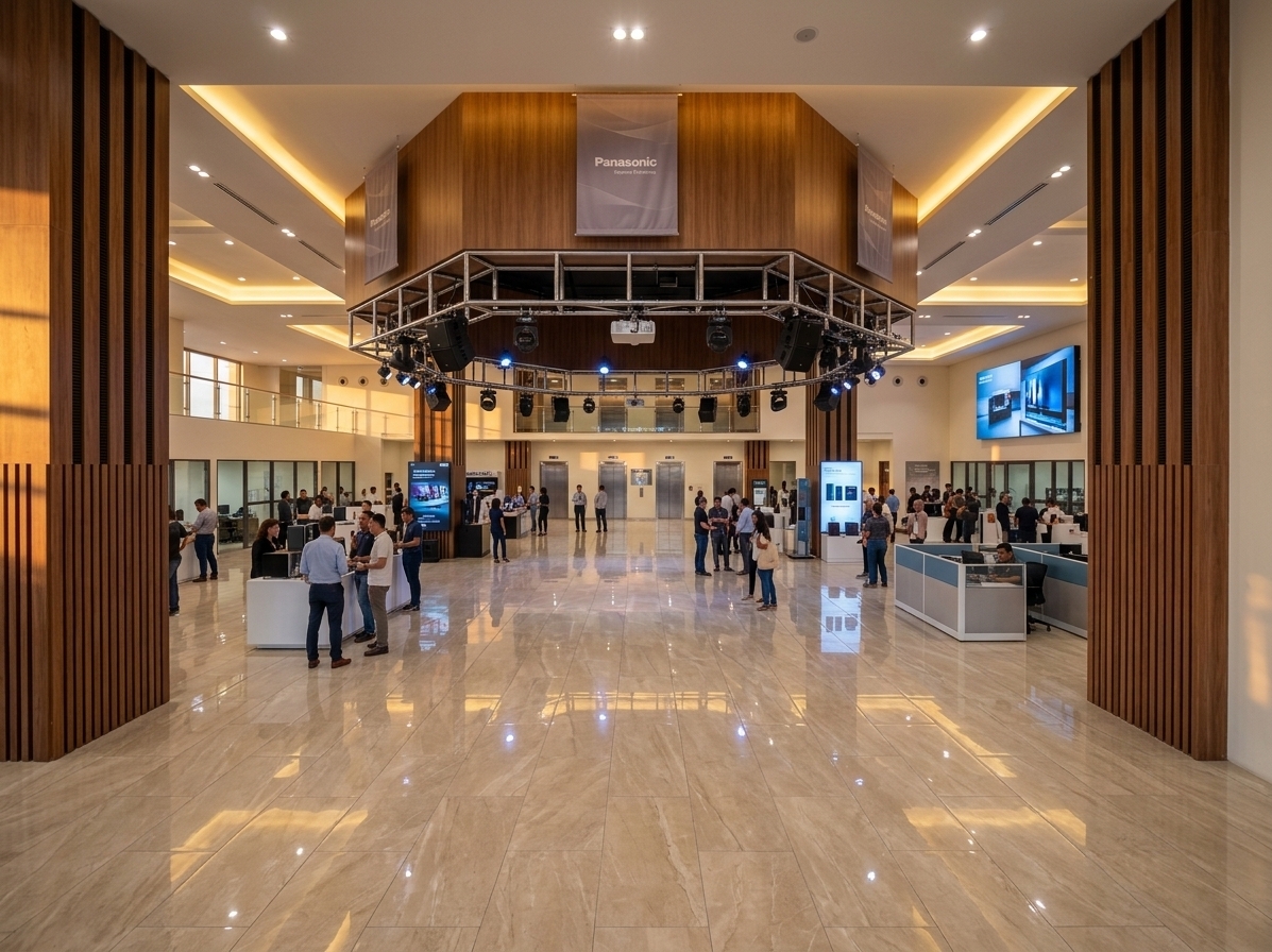 An incredibly lifelike, richly detailed, photorealistic wide-angle interior perspective of a grand corporate exhibition and sales hall set in a modern commercial atrium during spring. The scene is illuminated by a striking interplay of golden sunset ambient light filtering through perimeter openings and focused LED spotlights combined with warm LED strip lighting in drywall ceiling recesses, creating a vibrant yet balanced digital zen atmosphere. Captured with a 24mm architectural tilt-shift lens, emphasizing the polished mirror-finish of large-format 0.80x1.60m veined beige porcelain floor tiles, rich acoustic wood column paneling, and an intricate suspended metallic truss.

Prominent architectural columns wrapped in sound-absorbing wooden acoustic panels ground the expansive double-height volume. Hanging at the core of the hall, a large octagonal suspended metal truss supports professional audio, video, and stage lighting hardware alongside subtle suspended banners. The space buzzes with activity as over a hundred people inhabit the hall—visitors interacting with audio-visual product displays and glowing LED screens, while clients are served at sleek customer service cubicles furnished with modern desks. In the refined depth of the composition, polished elevator doors, staircase module entrances, and glass-fronted offices are fully furnished and actively in use, completing this sophisticated, state-of-the-art commercial environment.