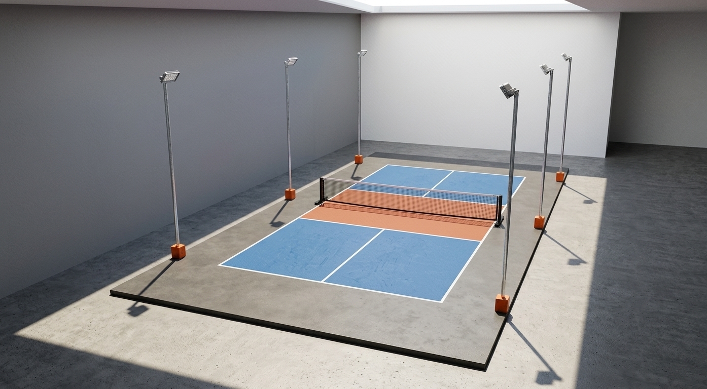 A high-angle photograph of the pickleball court structure under bright, direct summer midday sunlight. The playing area features a textured blue acrylic sports court surface with subtle scuffs and bright white boundary lines, alongside a warm terracotta-orange kitchen zone and a taut black mesh net supported by a matte black frame. Six slender, reflective metallic light poles extend vertically from vibrant matte-orange weighted concrete base blocks, casting short, hard-edged midday shadows directly downward onto the smooth, pale grey perimeter concrete floor. The surrounding enclosure walls present realistic matte drywall textures, with the left wall in cool neutral grey and the right in a clean off-white finish. High-key summer sunlight creates vivid highlights and deep micro-contrast across all surfaces, capturing authentic photographic imperfections such as micro-texture in the court coating, faint dust particles on the concrete, subtle surface misalignments, a hint of natural lens vignetting, and faint film grain.